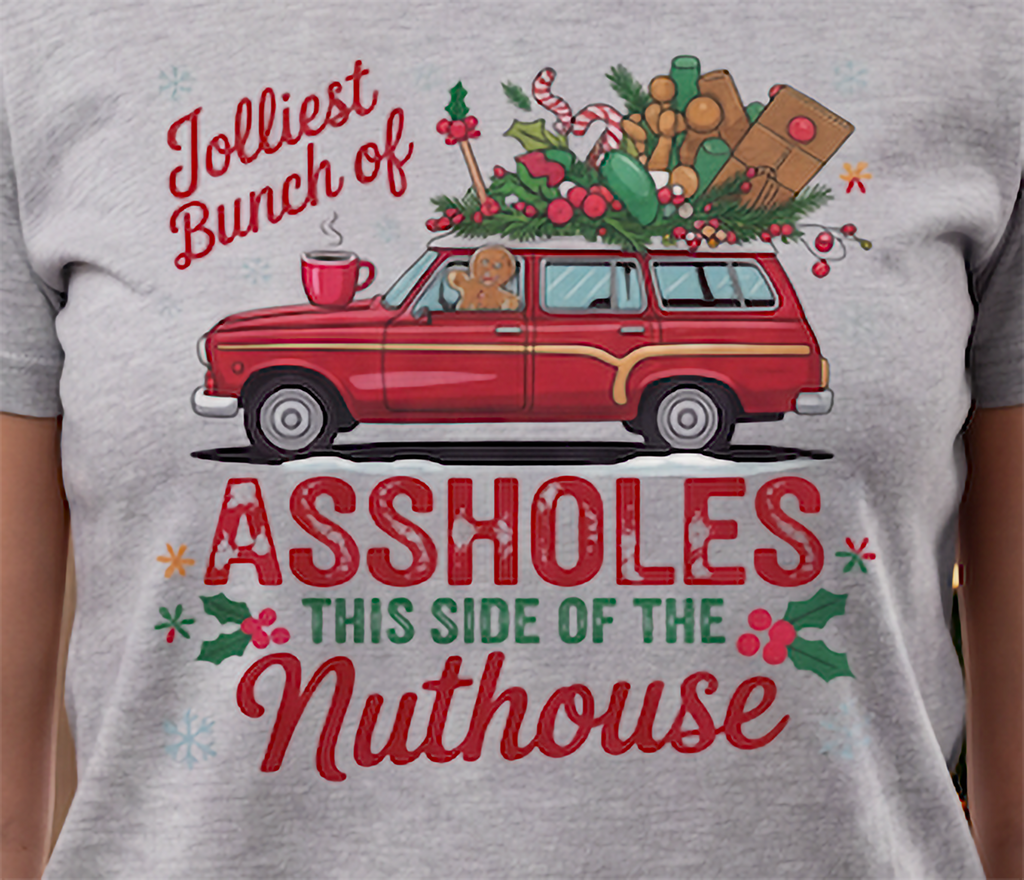 Close-up of heather gray Jolliest Bunch of Assholes Christmas shirt graphic with holiday station wagon.
