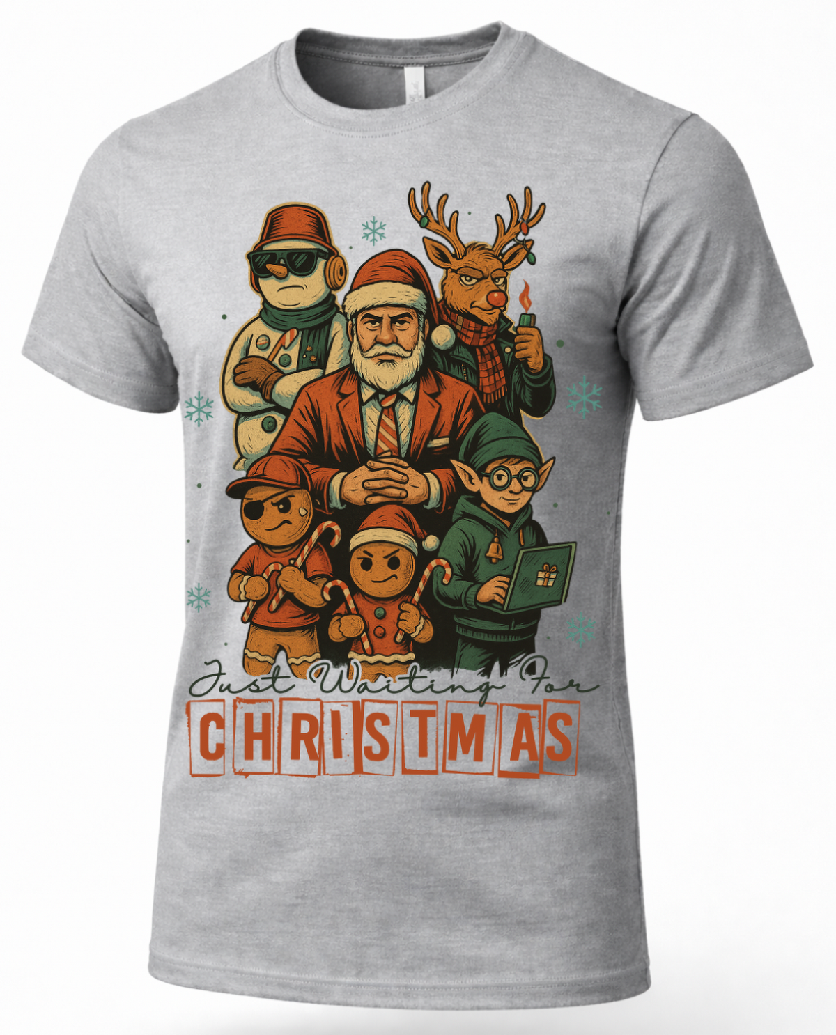 Heather gray Christmas graphic shirt featuring Santa, reindeer, elf, snowman and gingerbread holiday characters.