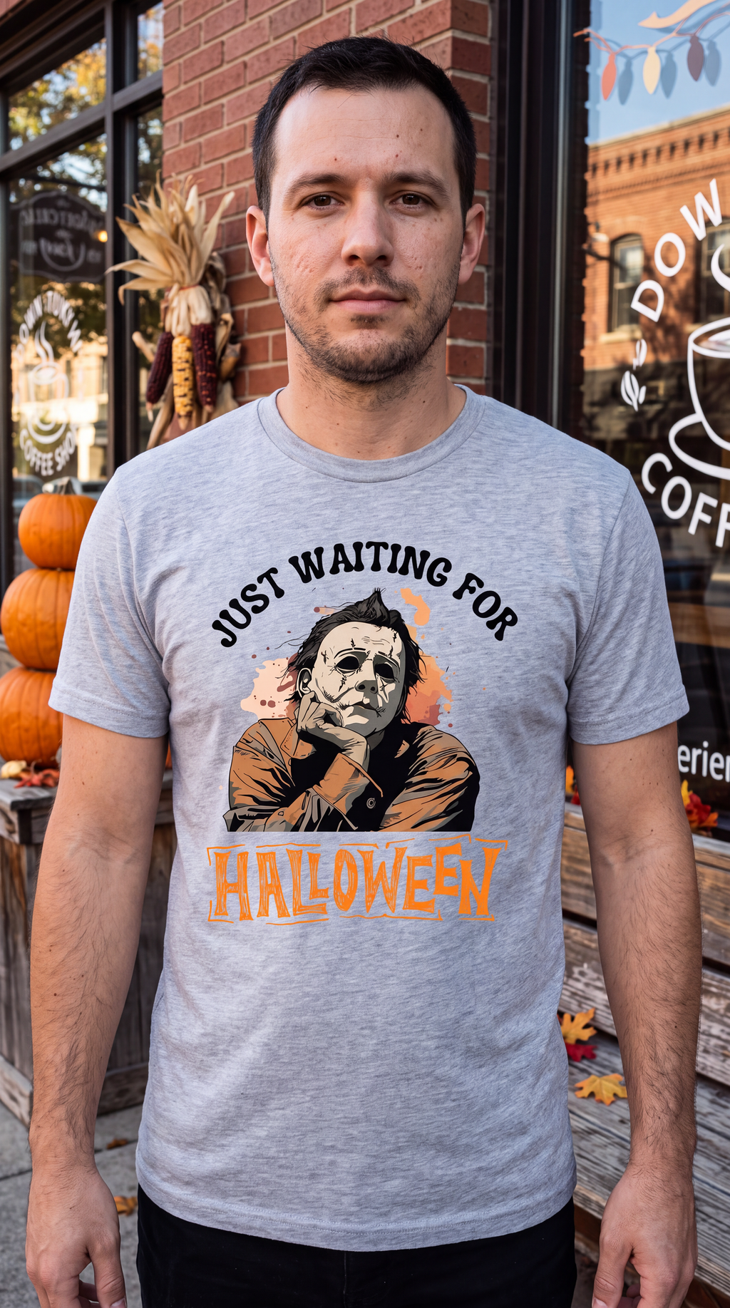 Man wearing heather gray Michael Myers Just Waiting for Halloween shirt
