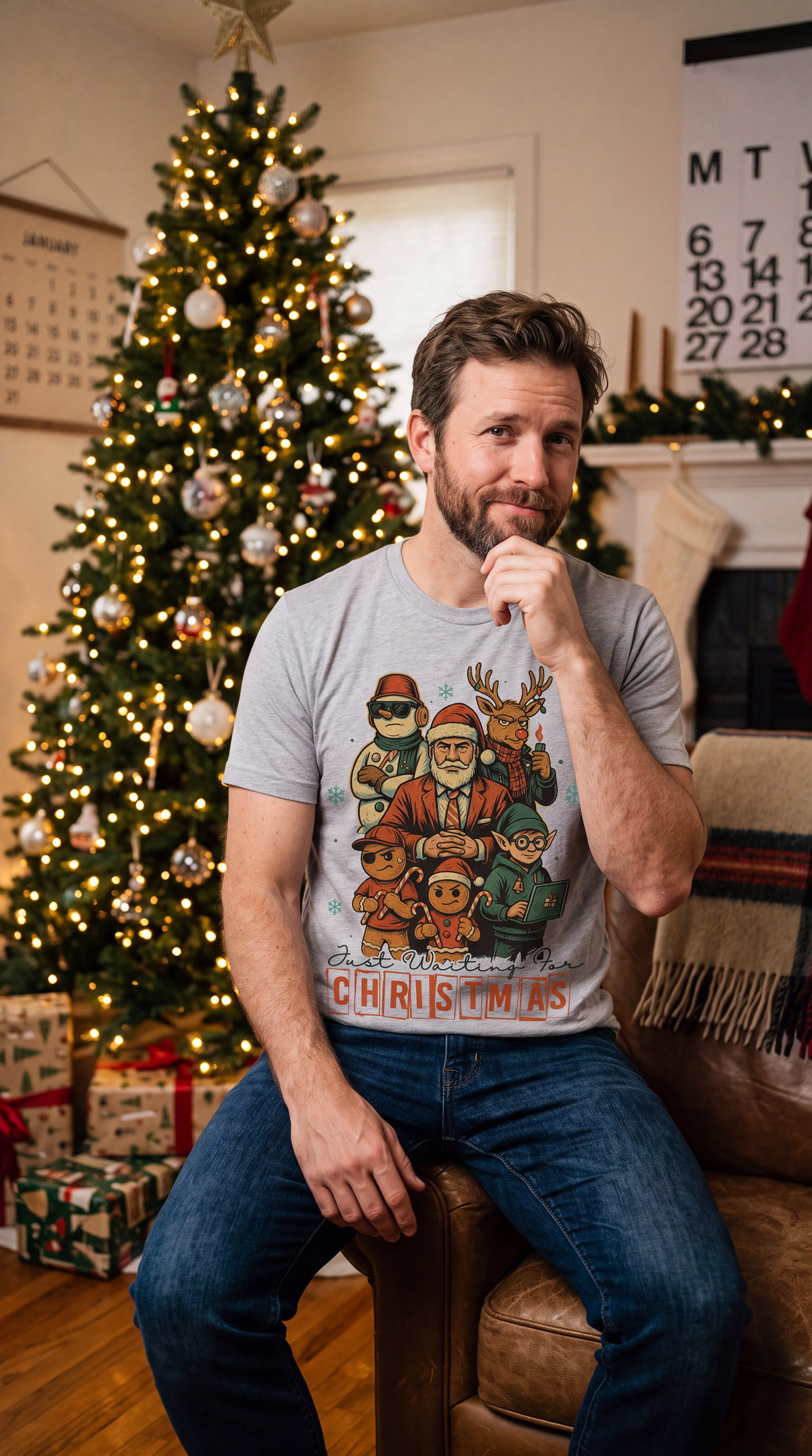 Man wearing heather gray funny Christmas graphic tee featuring a festive holiday character crew