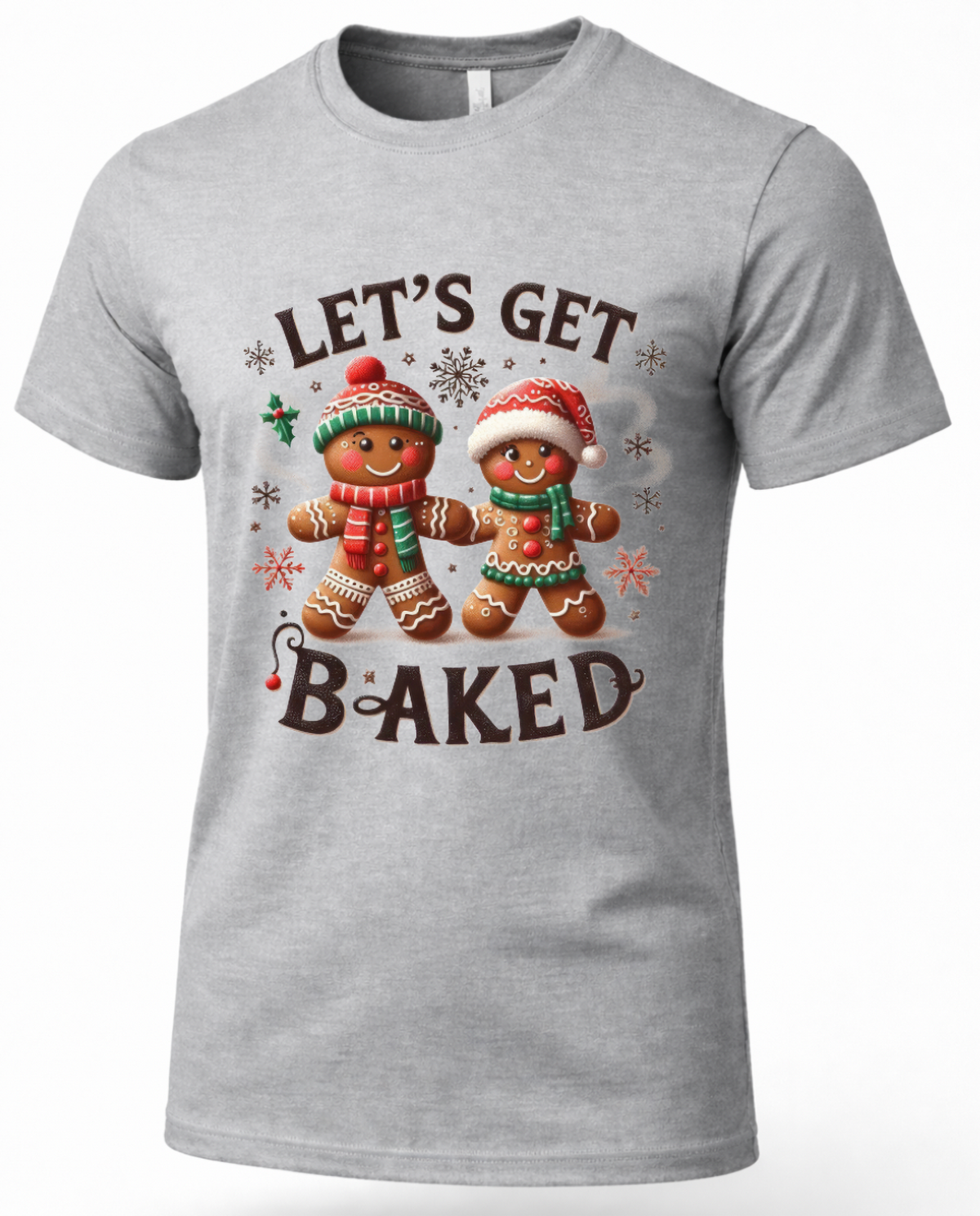 Gray Let’s Get Baked Christmas T-shirt featuring two gingerbread characters with holiday hats, scarves and snowflakes.