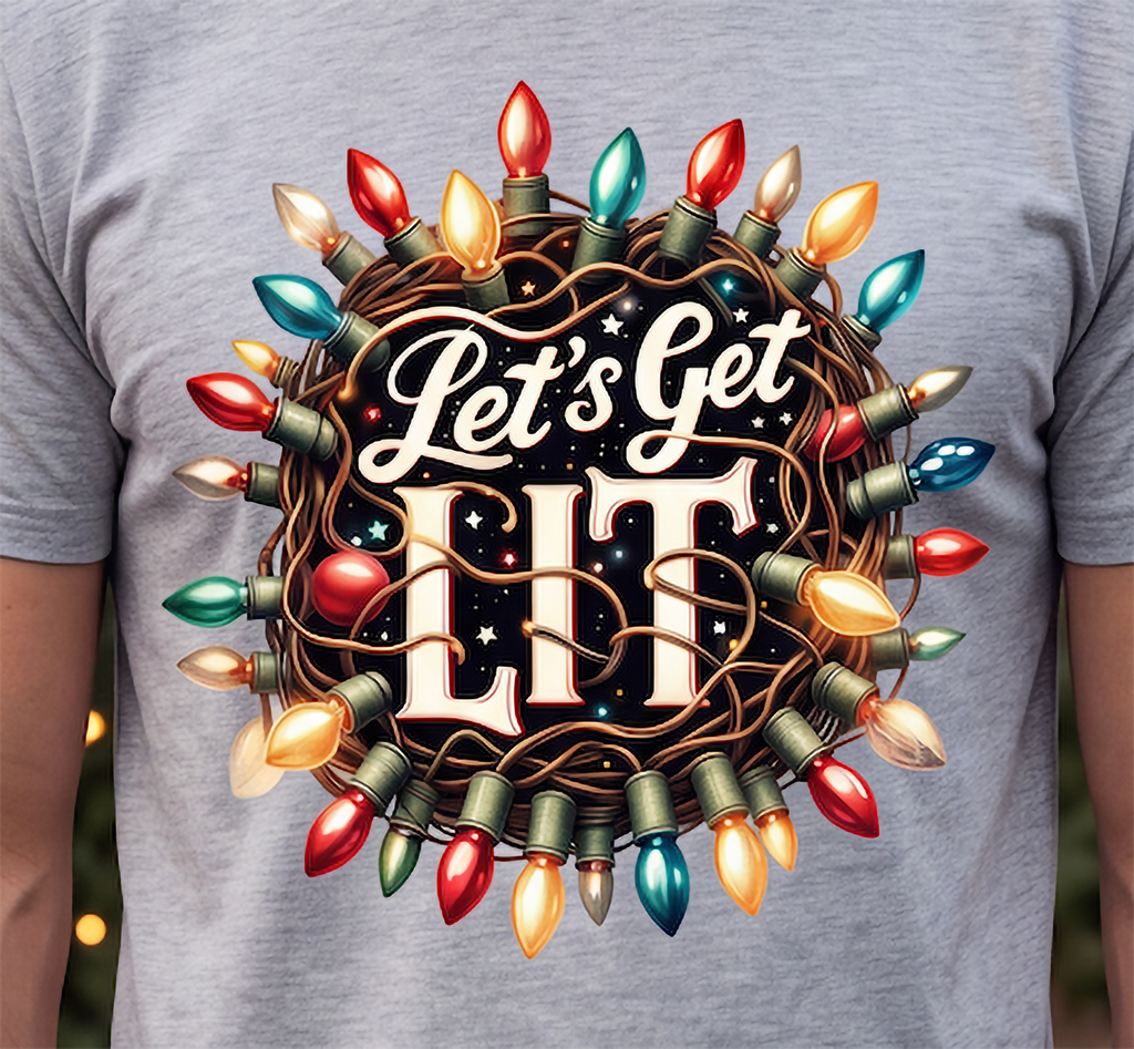 Close-up of Let’s Get Lit Christmas lights graphic printed on gray shirt.