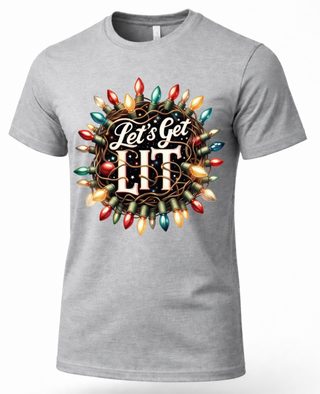 Gray Let’s Get Lit Christmas shirt featuring colorful vintage-style Christmas lights design.