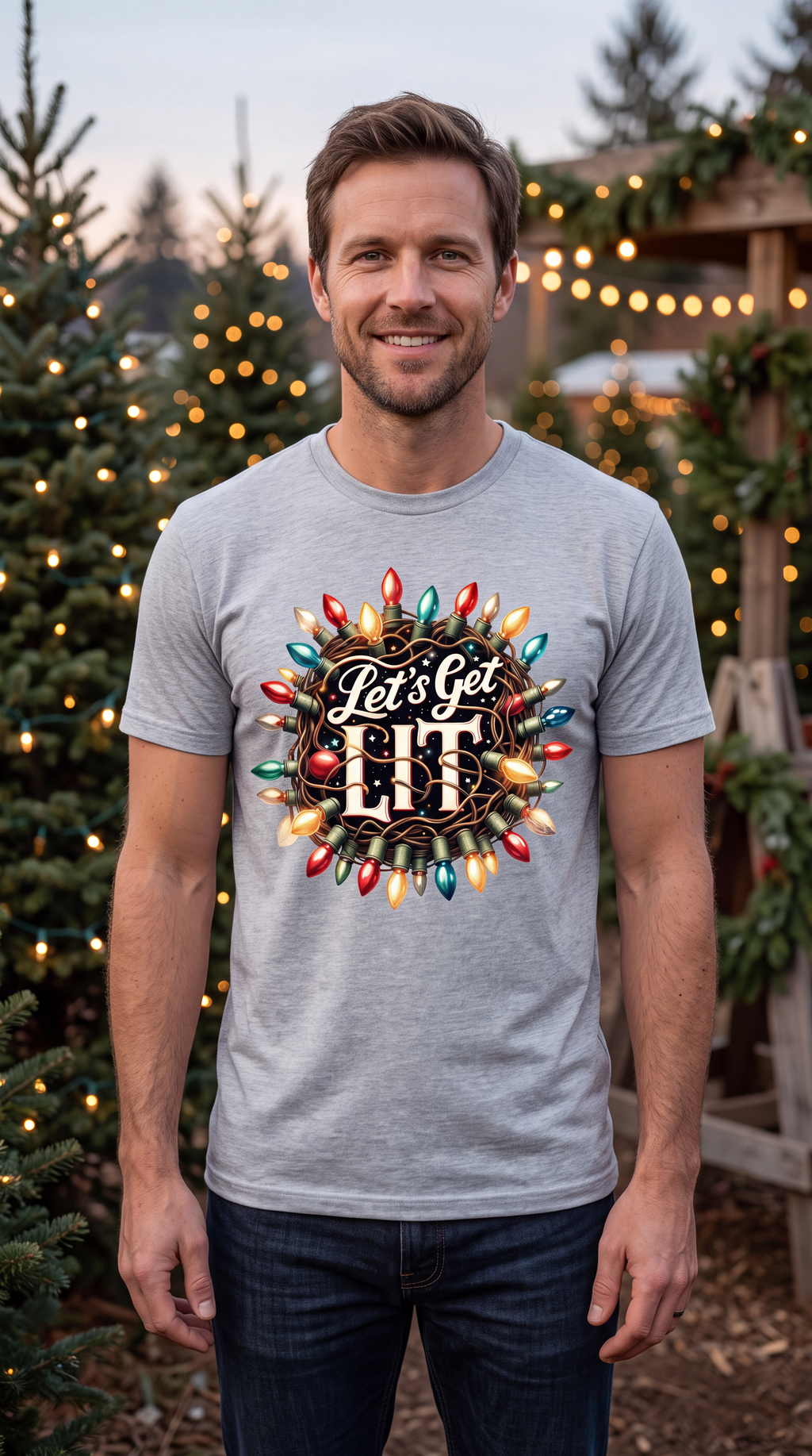 Man wearing gray Let’s Get Lit Christmas graphic T-shirt in a festive holiday setting