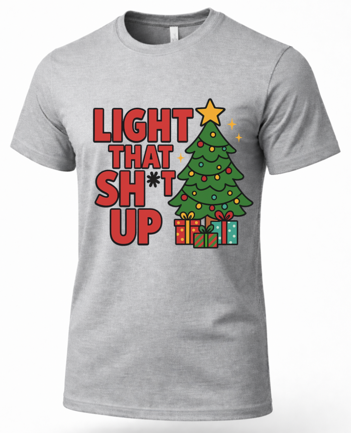 Heather gray Light That Shit Up Christmas shirt featuring colorful tree, presents and holiday lettering.