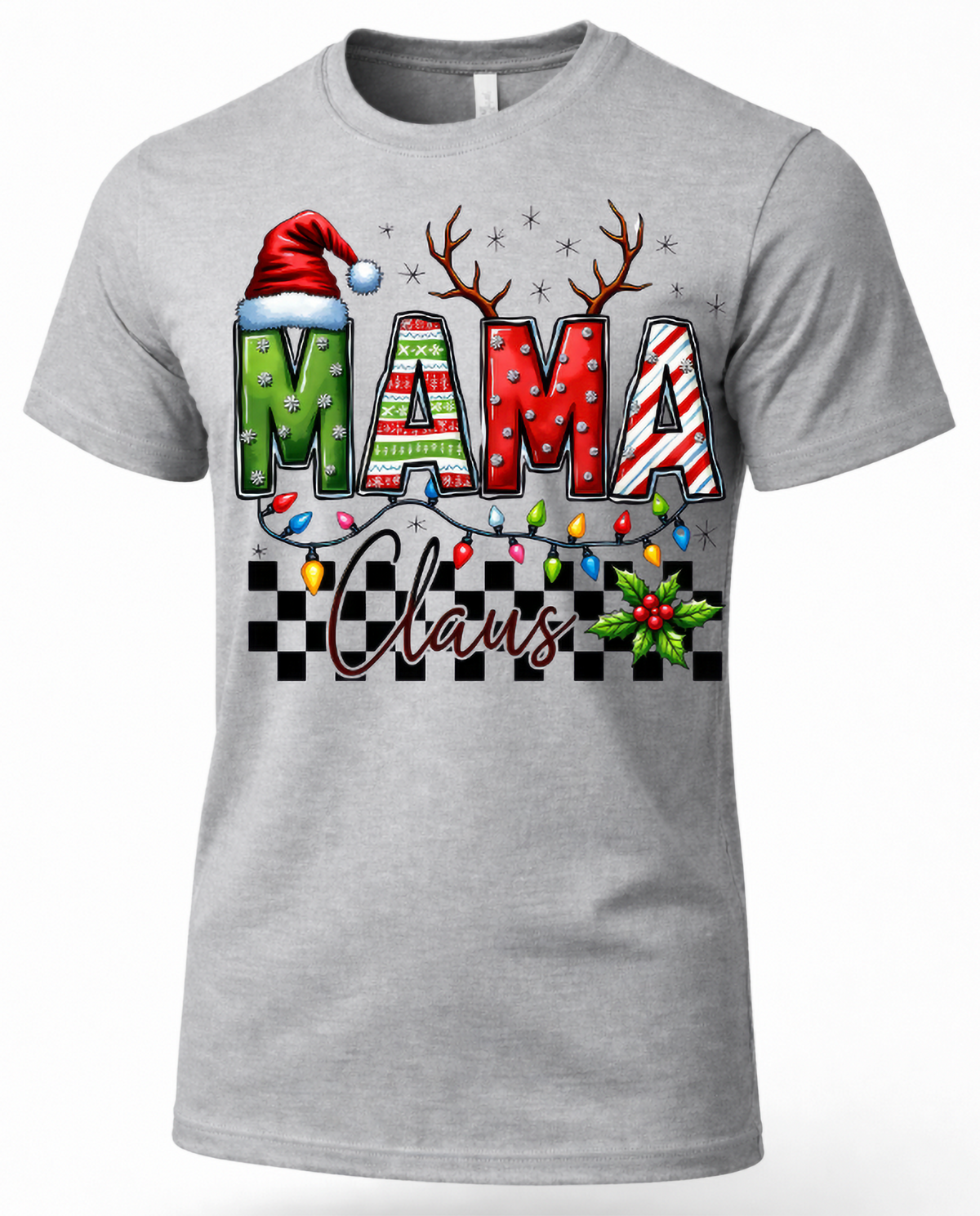 Heather gray Mama Claus Christmas graphic tee featuring colorful festive mom design.