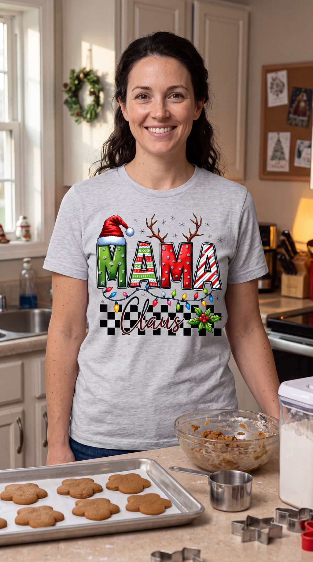 Woman wearing heather gray Mama Claus Christmas shirt indoors in a festive holiday setting.