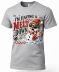 Heather gray I’m Having a Meltdown Christmas graphic tee featuring funny melting snowman holiday design.