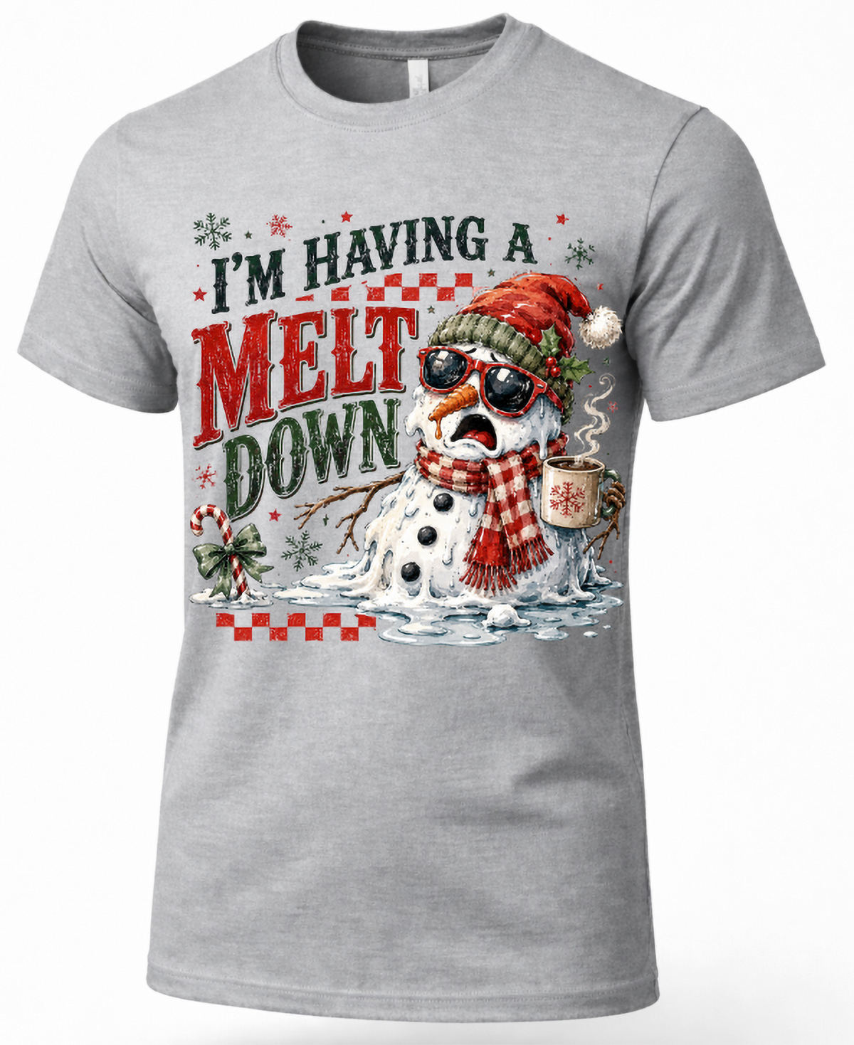 Heather gray I’m Having a Meltdown Christmas graphic tee featuring funny melting snowman holiday design.