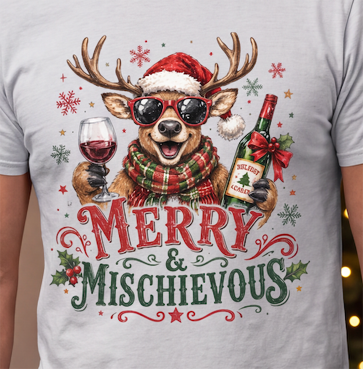 Close-up of heather gray Merry & Mischievous Christmas shirt with colorful reindeer wine graphic.