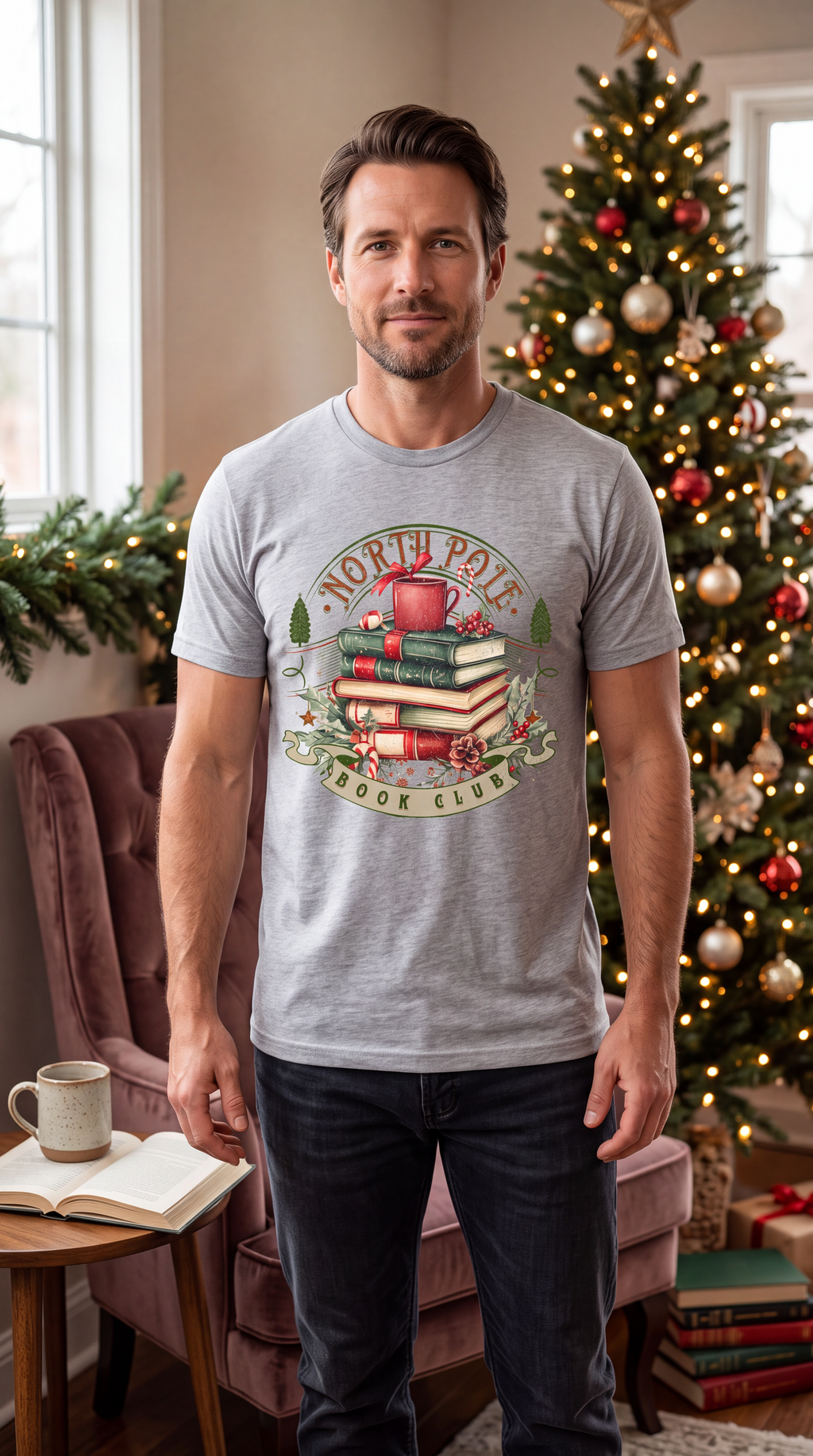 Woman wearing gray North Pole Book Club Christmas graphic T-shirt with festive holiday book lover design.