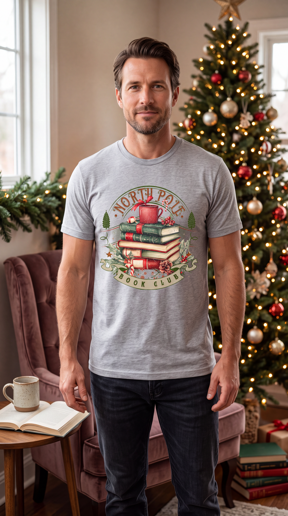 Woman wearing gray North Pole Book Club Christmas graphic T-shirt with festive holiday book lover design.