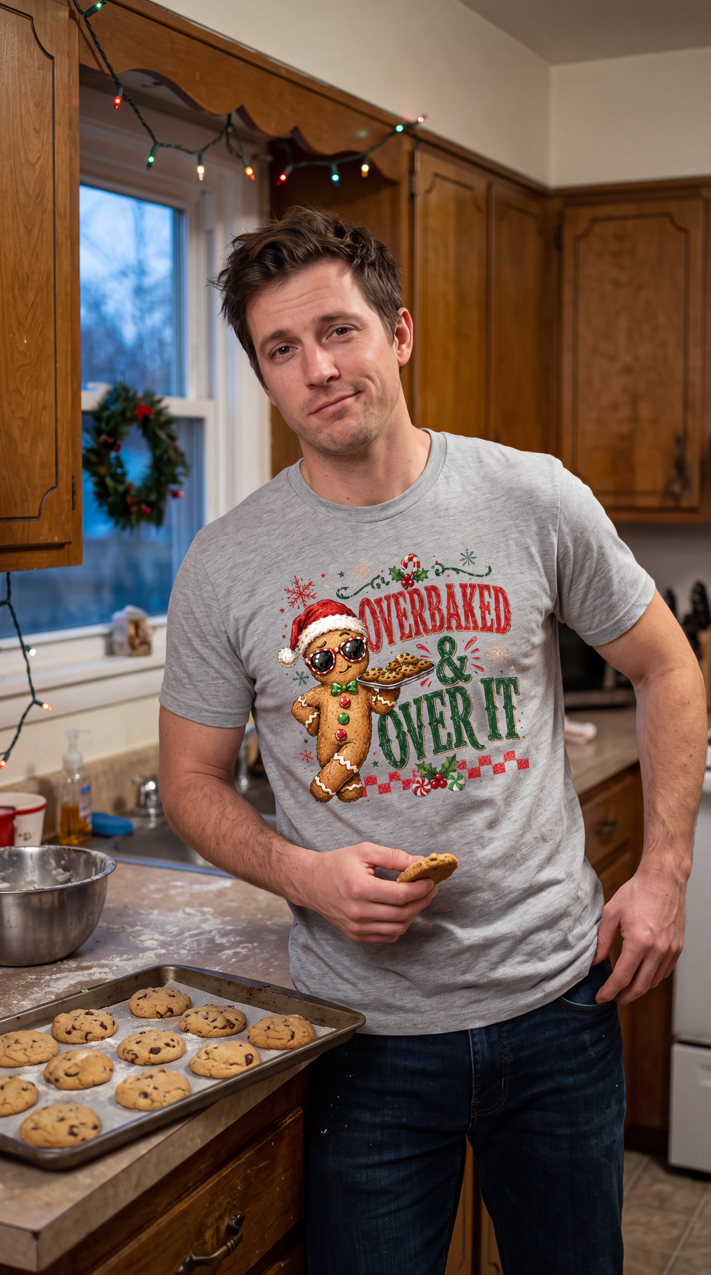 Man wearing heather gray gingerbread Christmas shirt with funny holiday baking design.