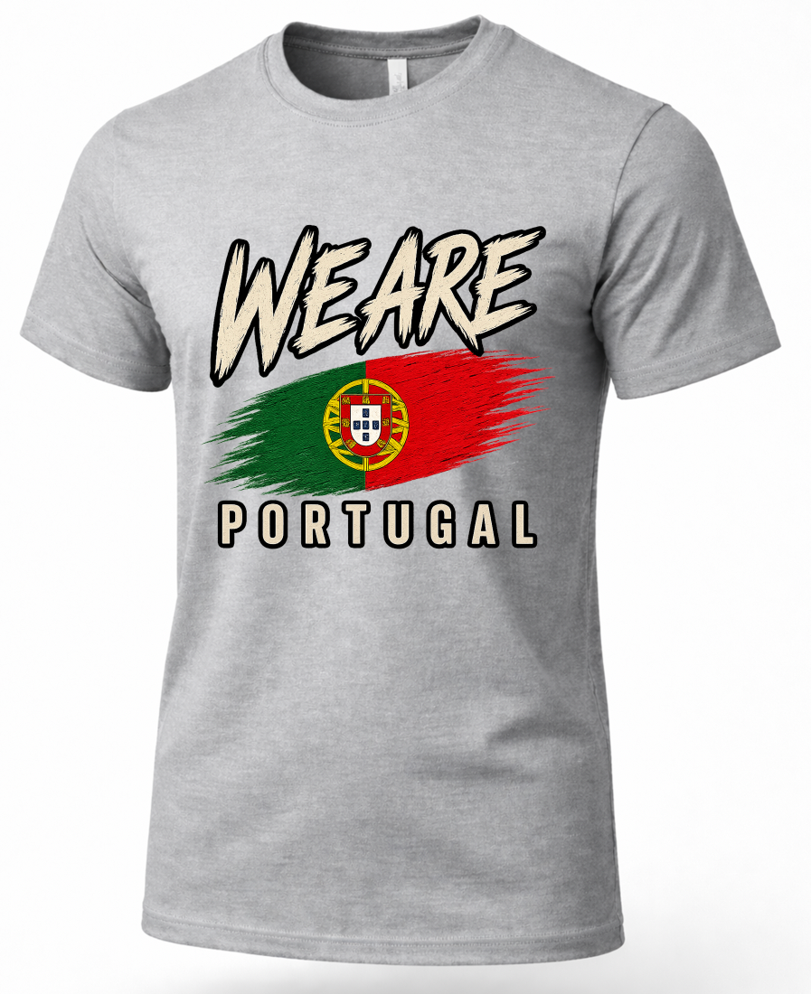 A heather gray short-sleeve crewneck t-shirt featuring a graphic print of the Portuguese flag with the text 'WE ARE' above and 'PORTUGAL' below.