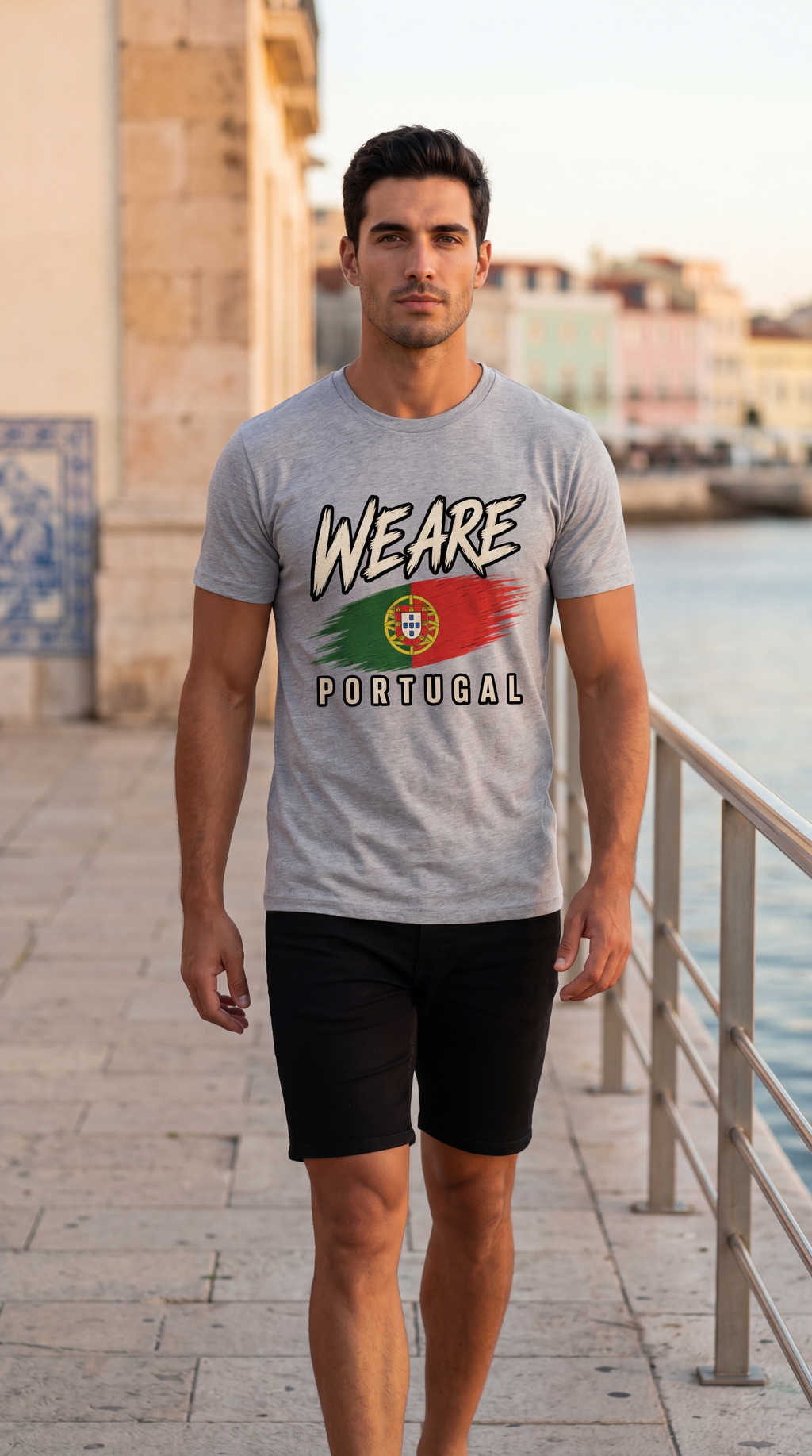 A man standing on a waterfront promenade wearing a light gray graphic t-shirt with 'WE ARE PORTUGAL' and the Portuguese flag design, paired with black athletic shorts.