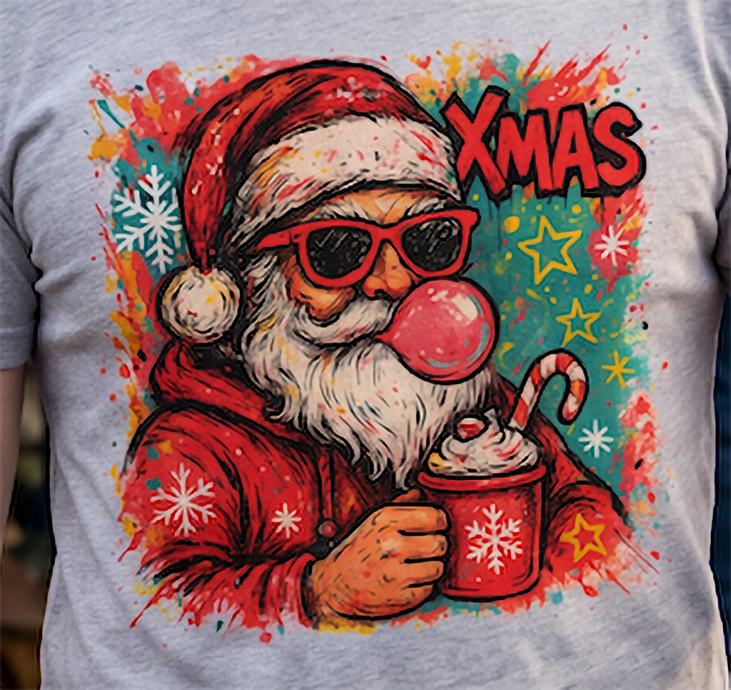 Close-up of Retro Bubblegum Santa holiday graphic on heather gray shirt.