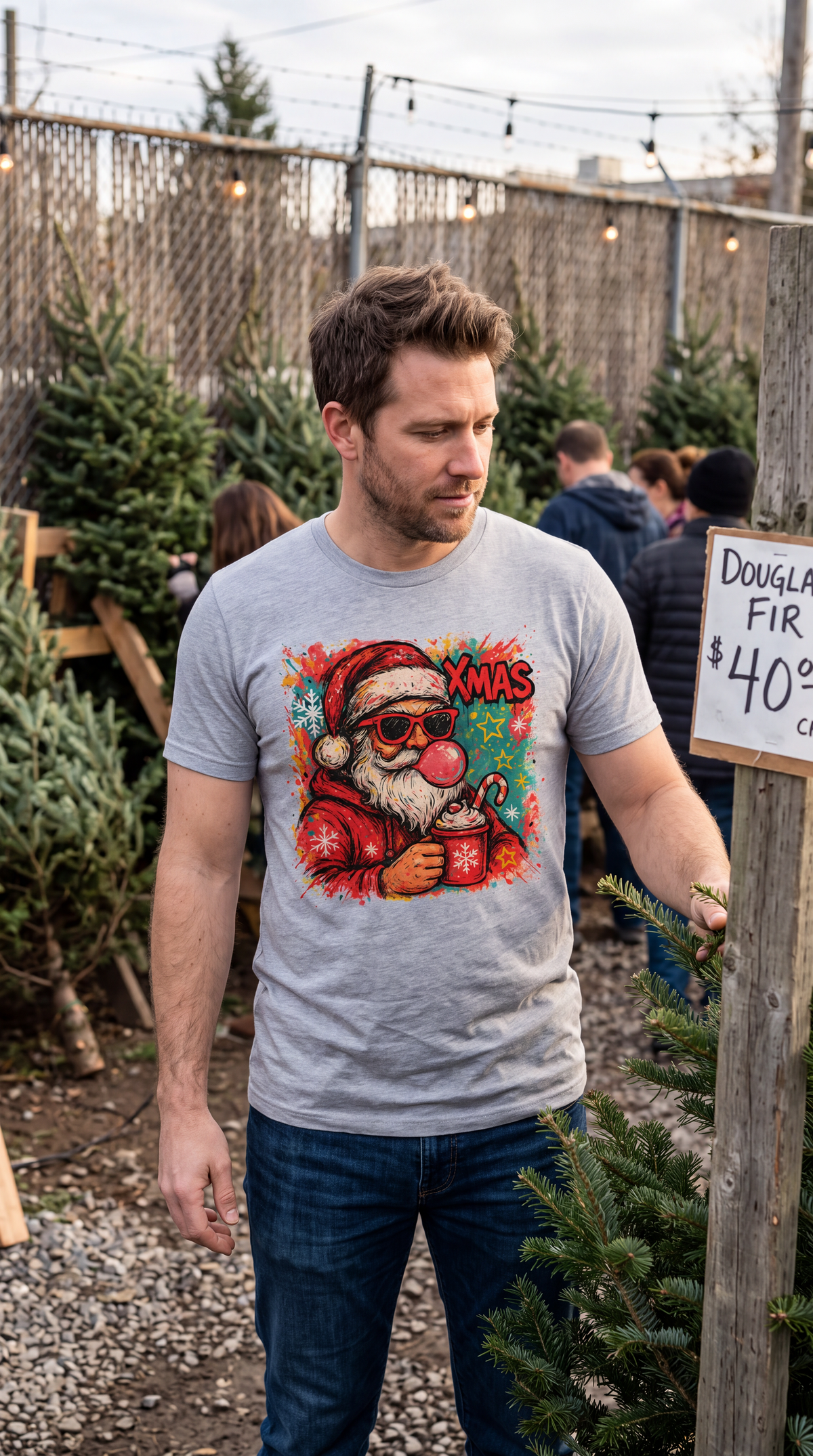 Man wearing heather gray Retro Bubblegum Santa Christmas graphic T-shirt.