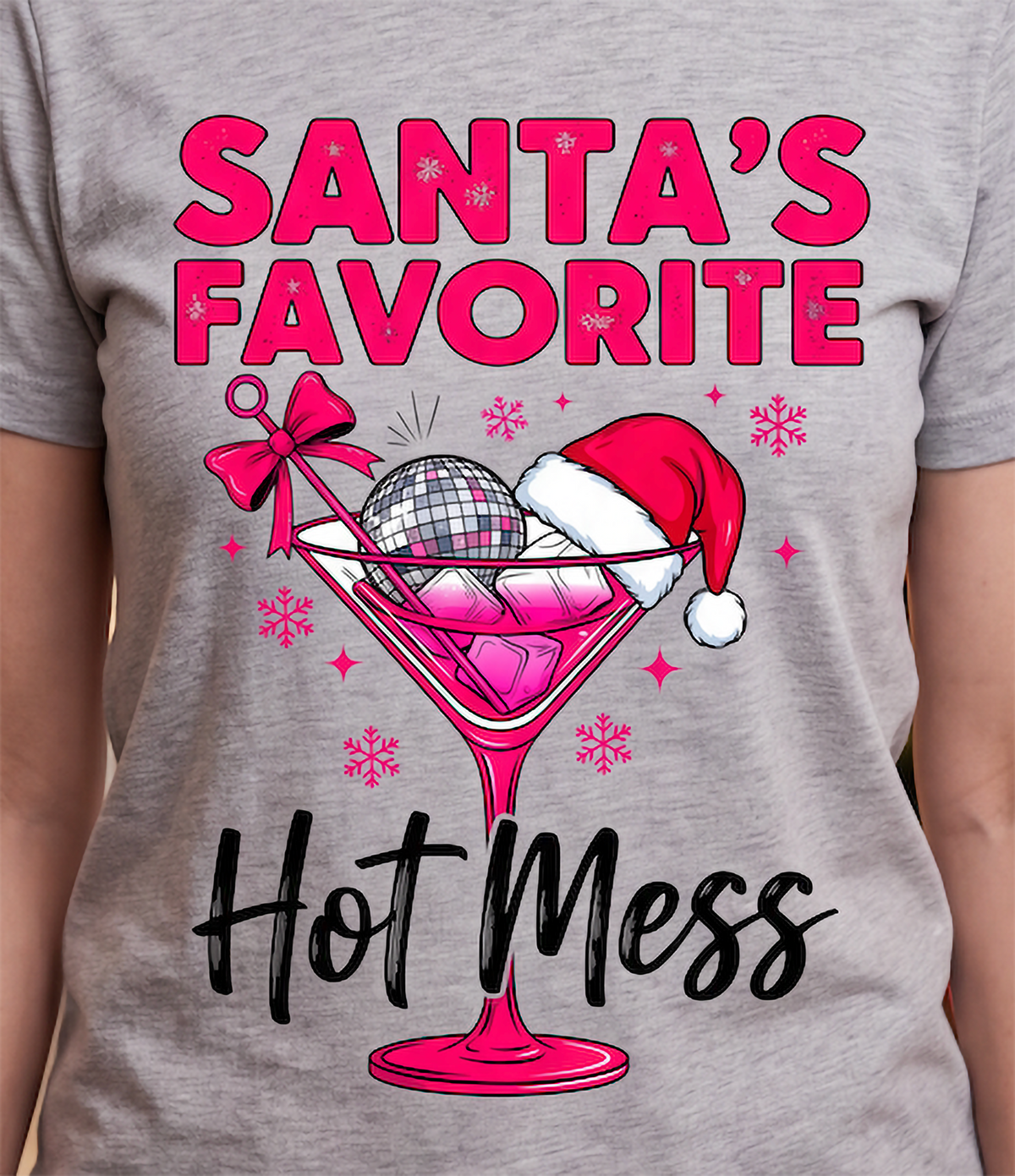 Close-up of Santa’s Favorite Hot Mess Christmas graphic on heather gray shirt.