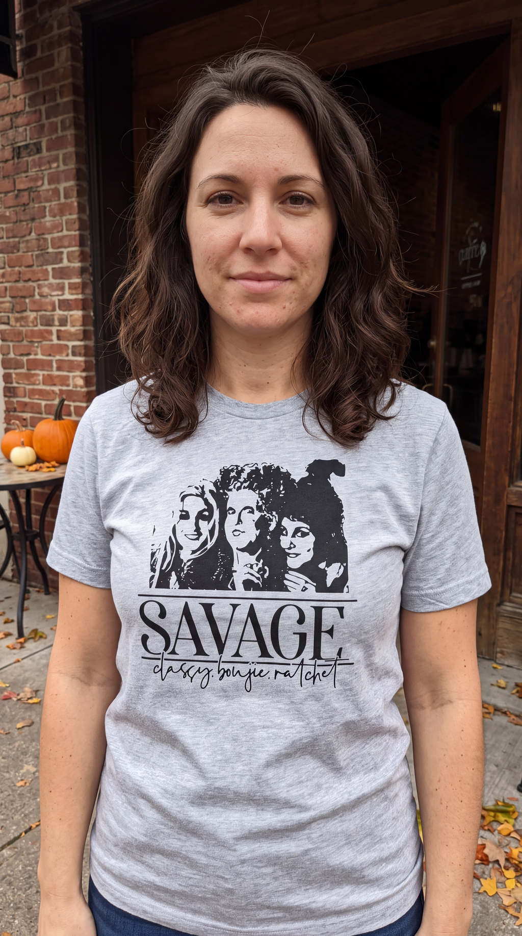 Woman wearing heather gray Savage Hocus Pocus Sanderson Sisters Halloween shirt