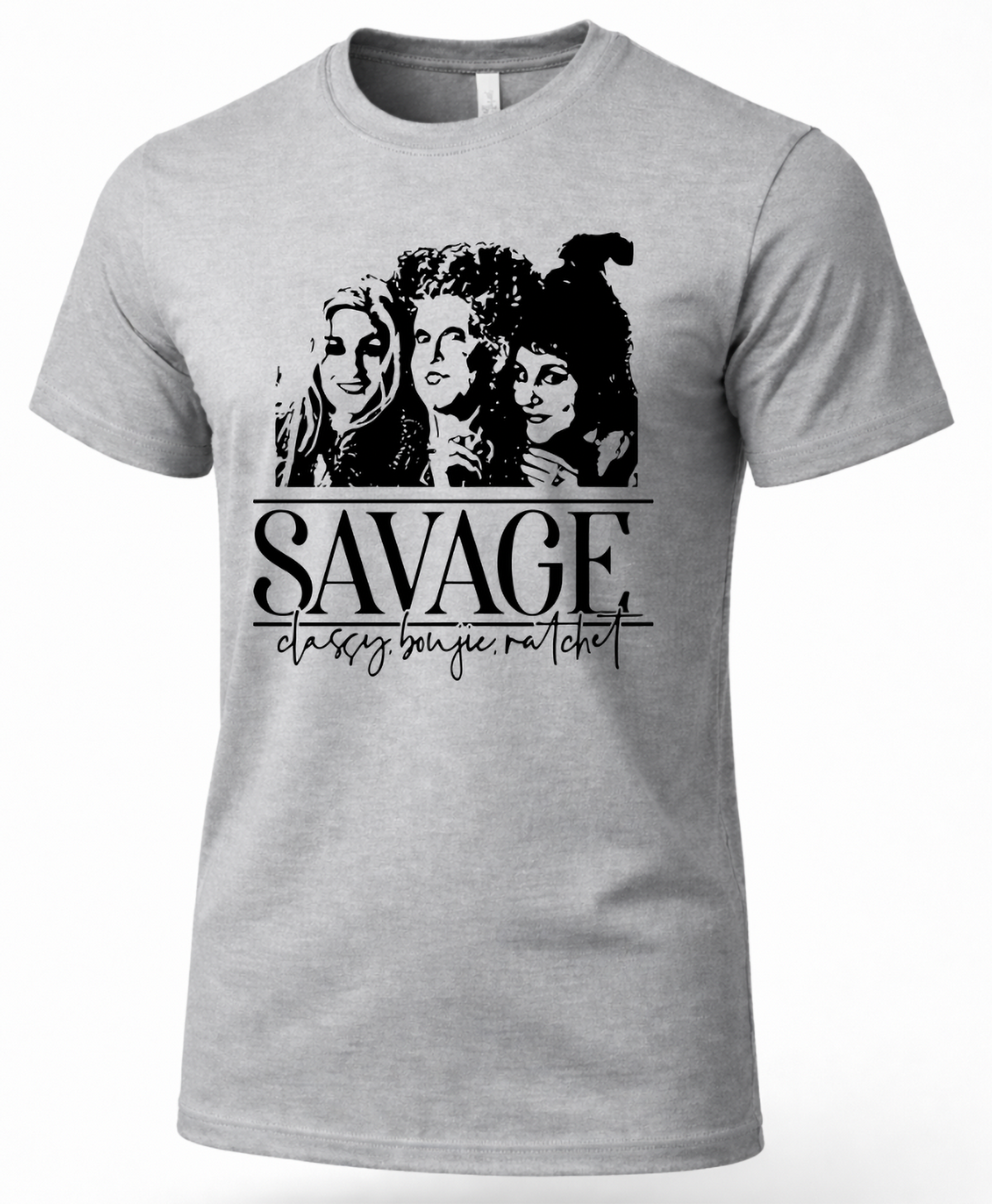 Heather gray Savage Hocus Pocus shirt with Sanderson Sisters-inspired graphic