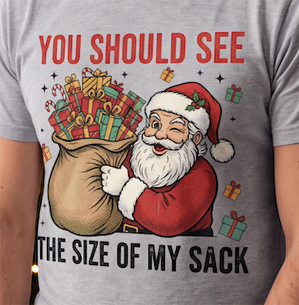 Close-up of Santa carrying Christmas presents on heather gray Size of My Sack holiday shirt.