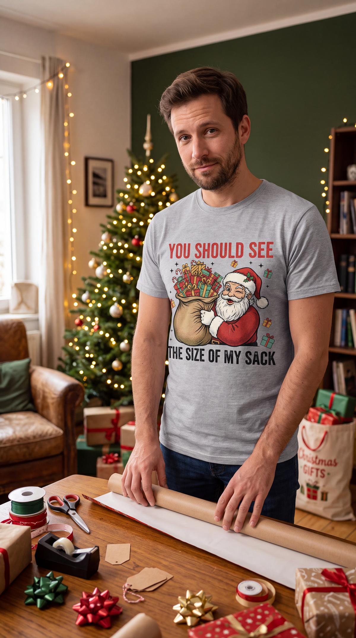Man wearing heather gray funny Santa Christmas shirt with Size of My Sack holiday design.