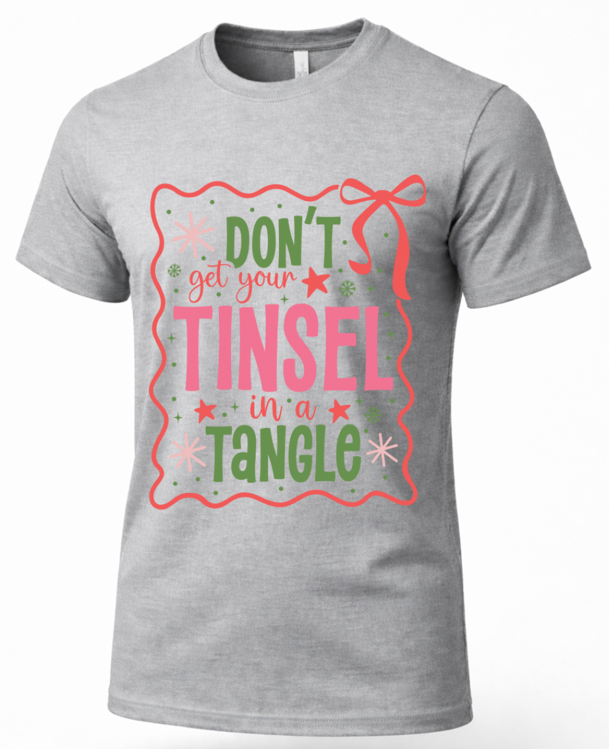Heather gray Christmas graphic tee featuring colorful Don’t Get Your Tinsel in a Tangle design.