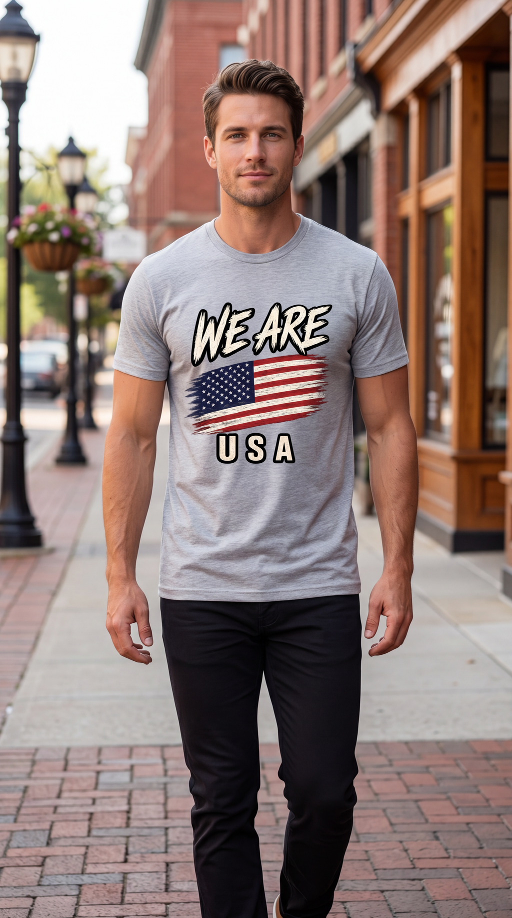 A man walking on a brick sidewalk wearing a light gray t-shirt with a graphic that reads 'WE ARE USA' above and below a stylized American flag. The background shows a blurred street scene with storefronts and lamp posts.