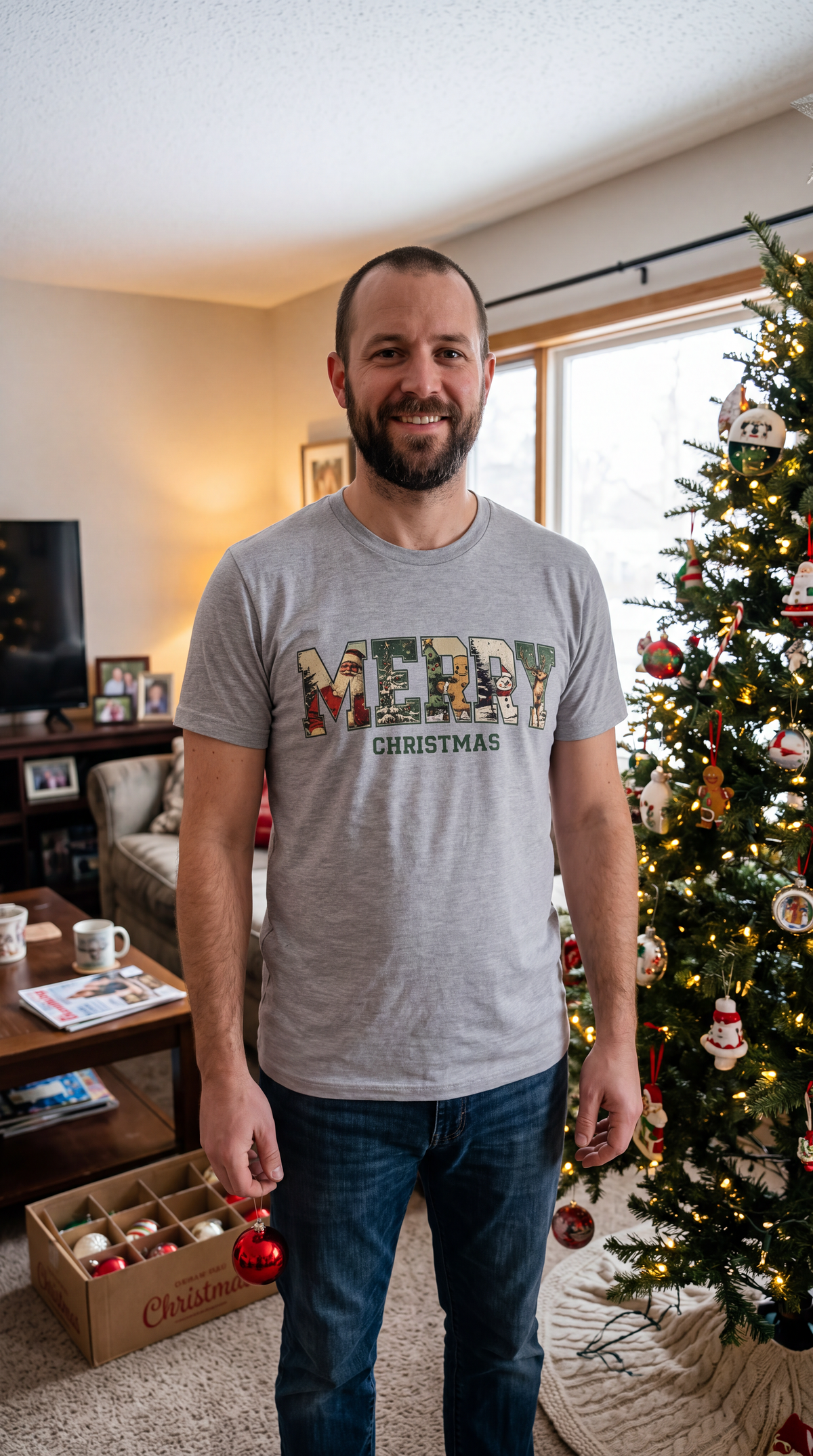 Man wearing a heather gray Vintage Merry Christmas shirt indoors in a festive holiday setting.