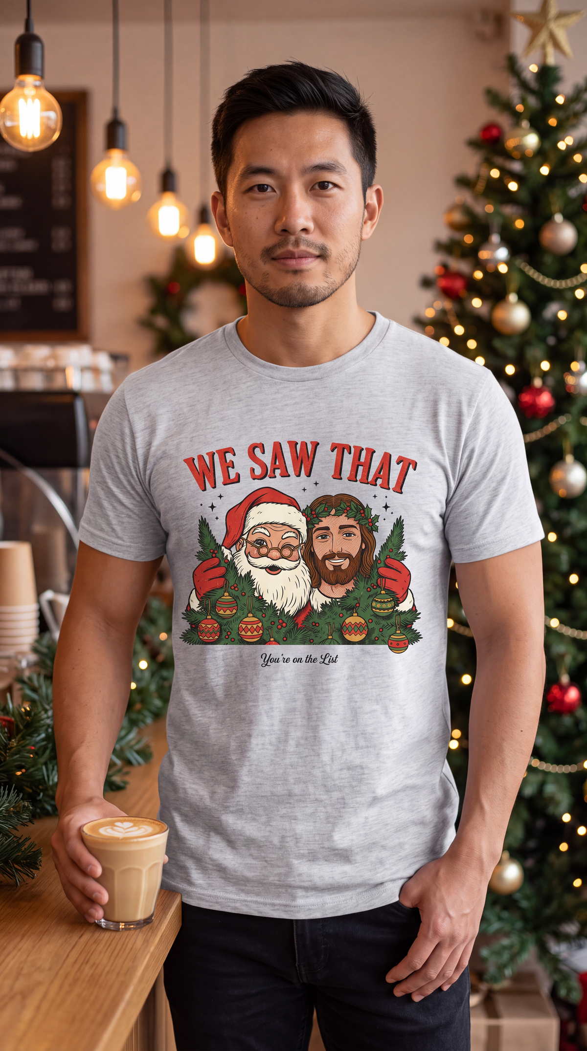 Man wearing heather gray We Saw That Santa and Jesus Christmas graphic tee