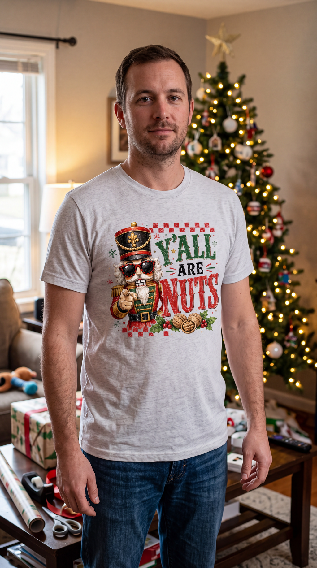Woman wearing white Y’all Are Nuts nutcracker Christmas shirt in a casual indoor setting.
