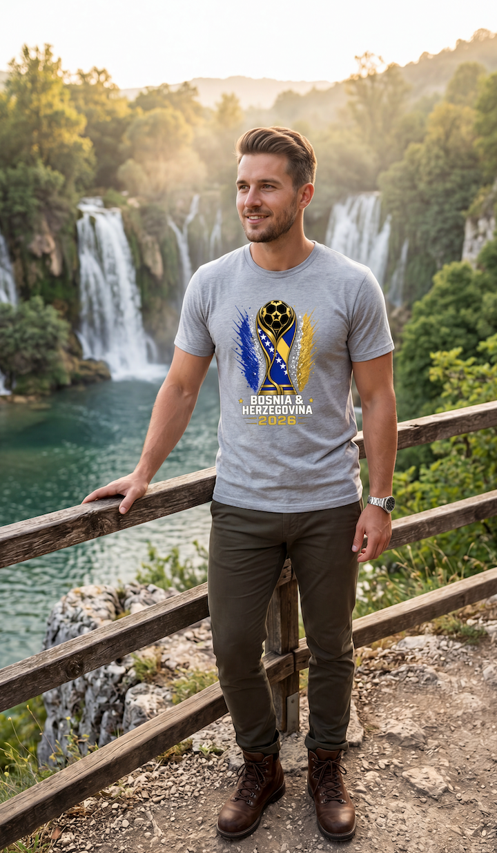 Man wearing a gray t-shirt with a graphic design standing in front of waterfalls.