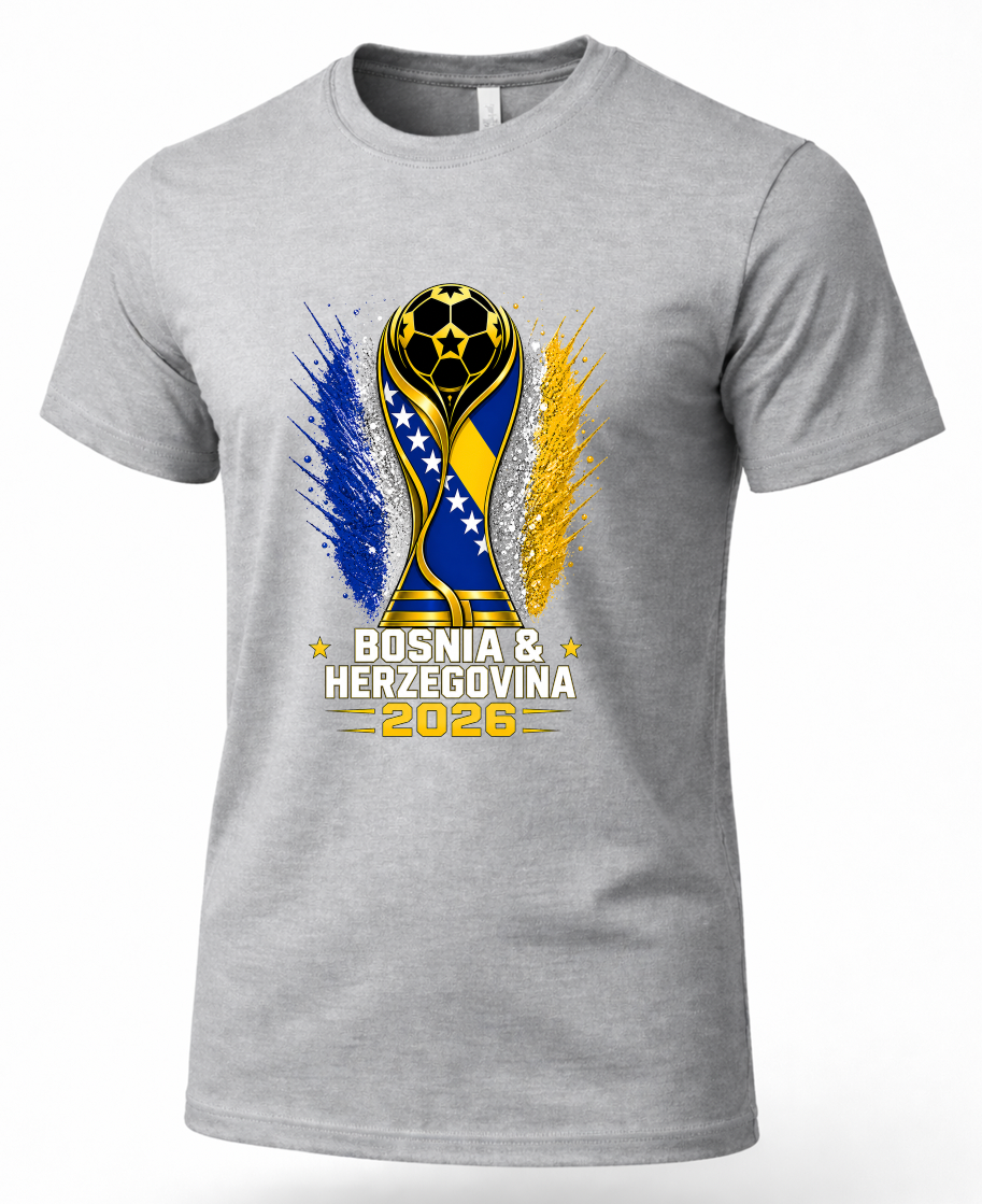 Gray t-shirt with Bosnia and Herzegovina 2026 World Cup design on a white background