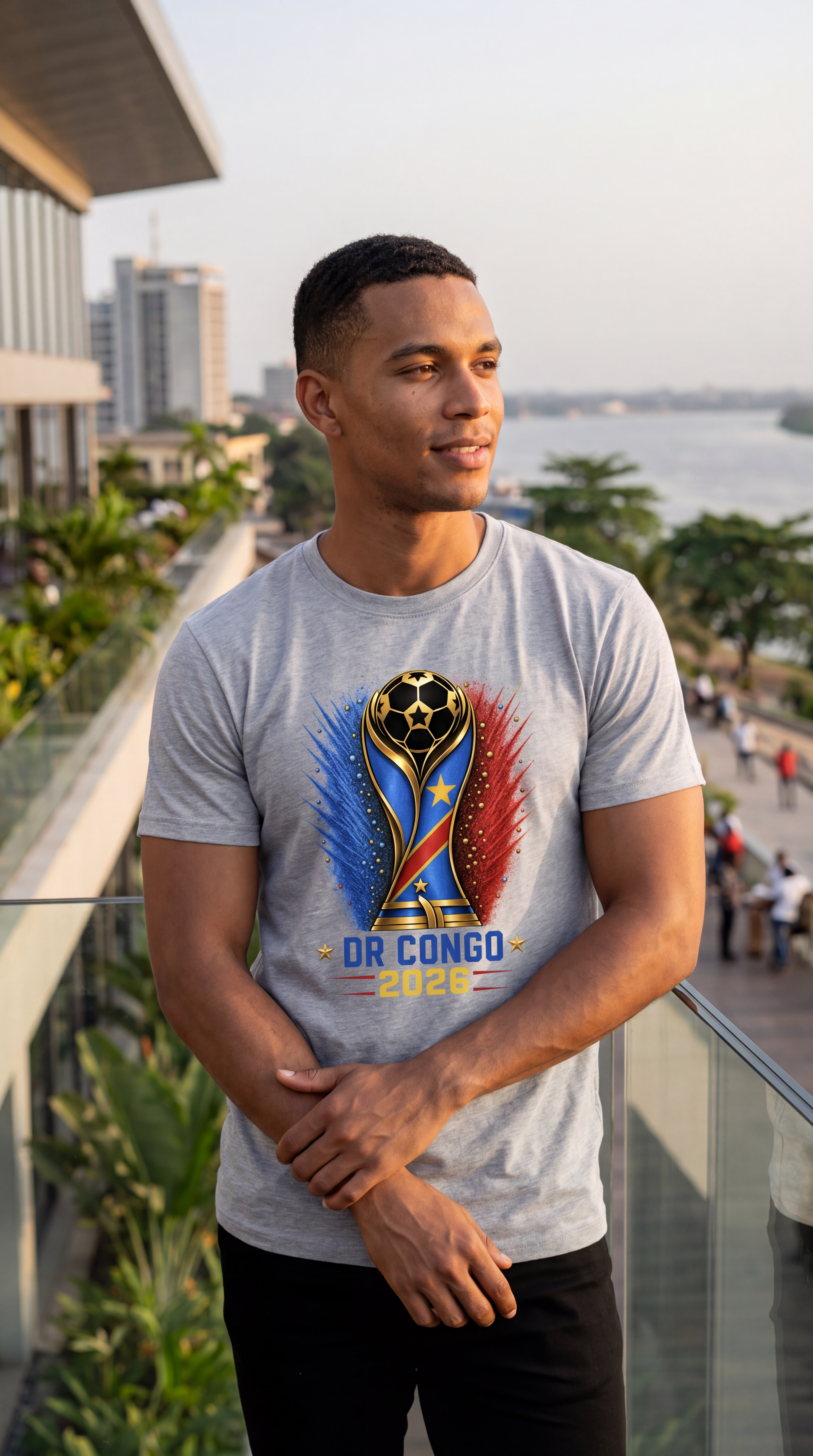 Man wearing a t-shirt with a Norway 2026 design by a lake with mountains in the background
