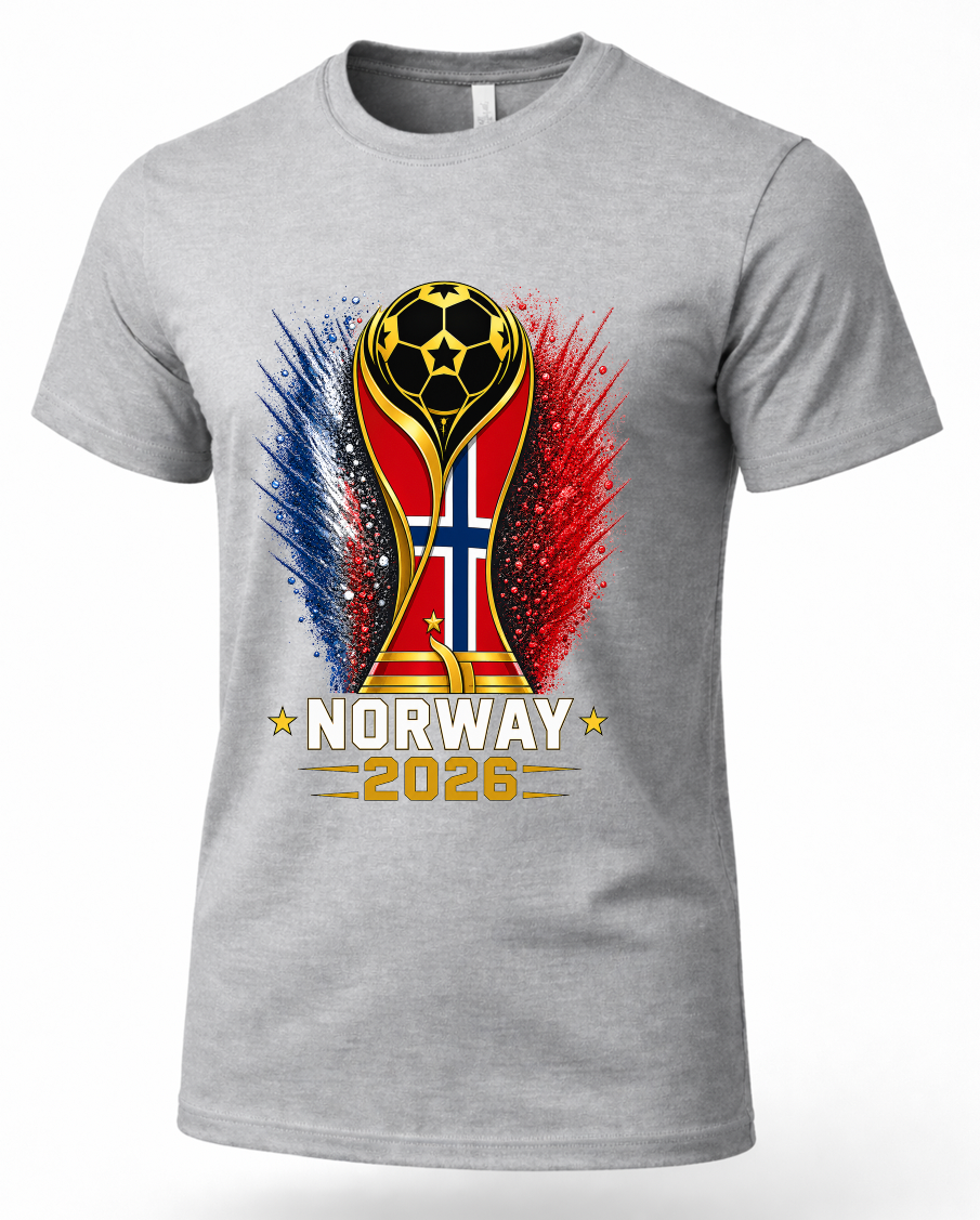 Gray t-shirt with a World Cup trophy design featuring Norway's flag and '2026' text on a white background.
