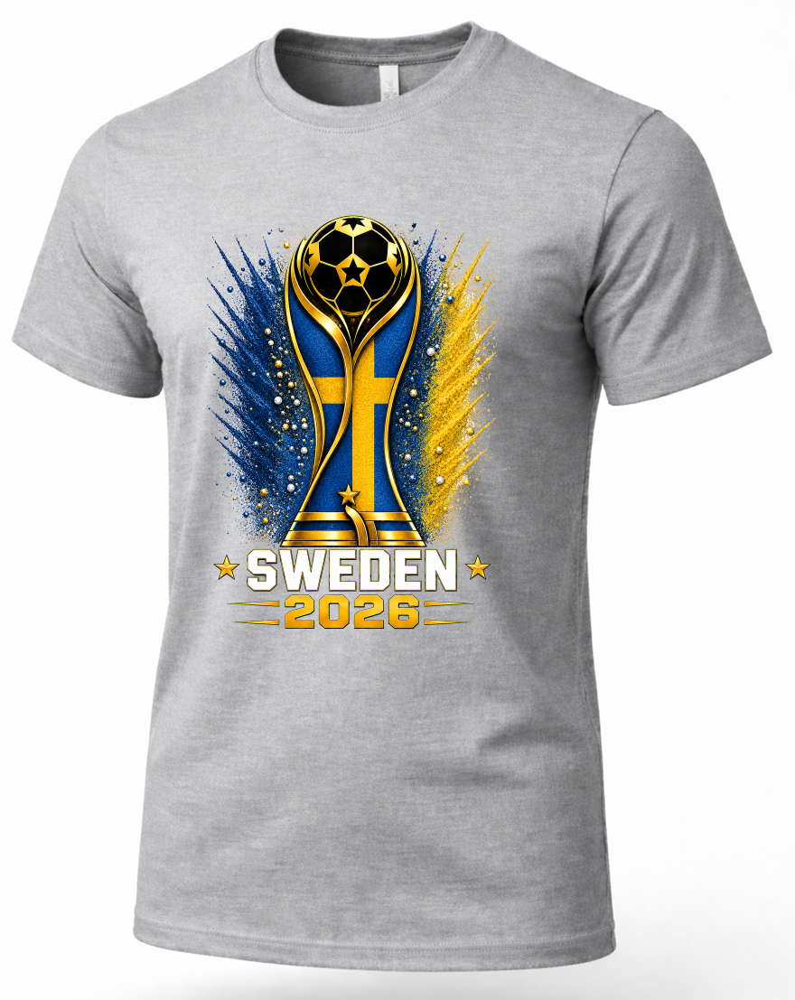 Gray t-shirt with Sweden 2026 World Cup design on a white background