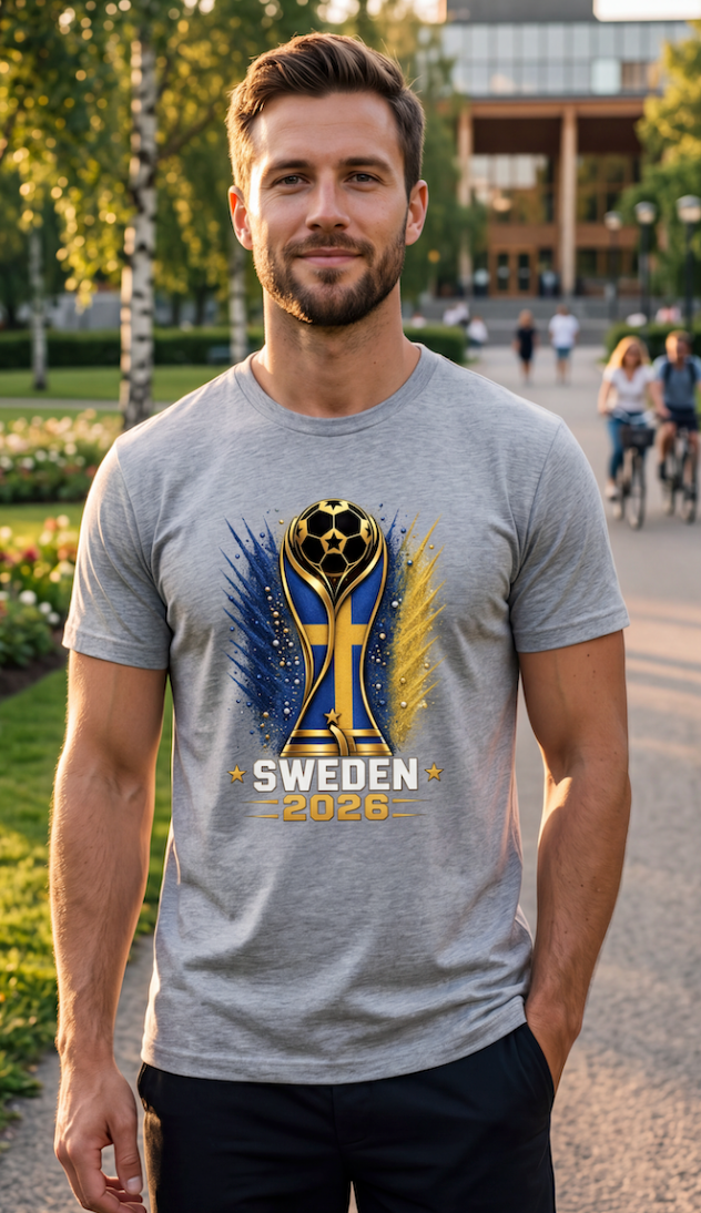 Man wearing a gray t-shirt with a Sweden 2026 design in an outdoor setting