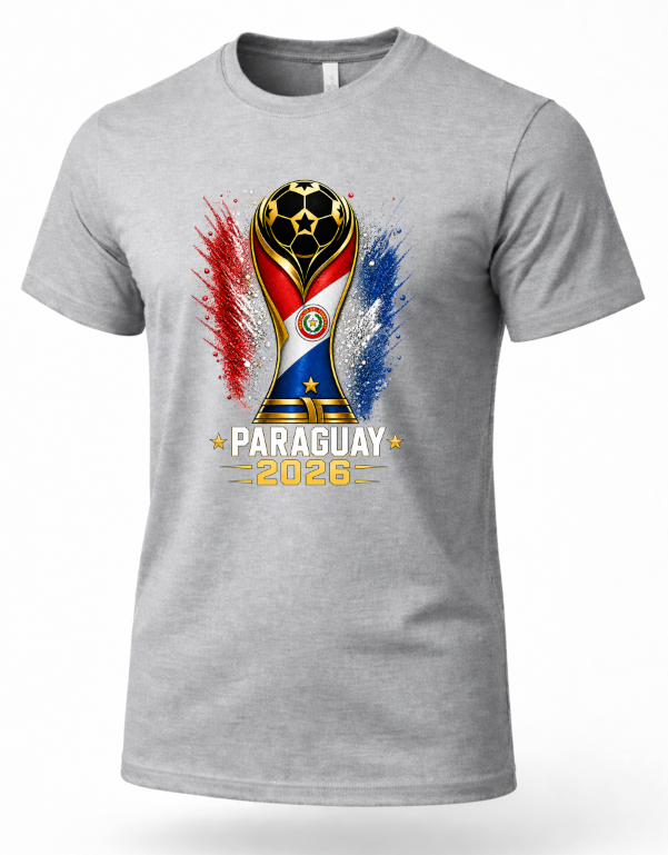 Gray t-shirt with Paraguay 2026 World Cup design on a white background