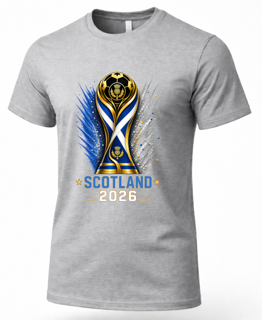 Gray t-shirt with a Scotland 2026 graphic design on a white background