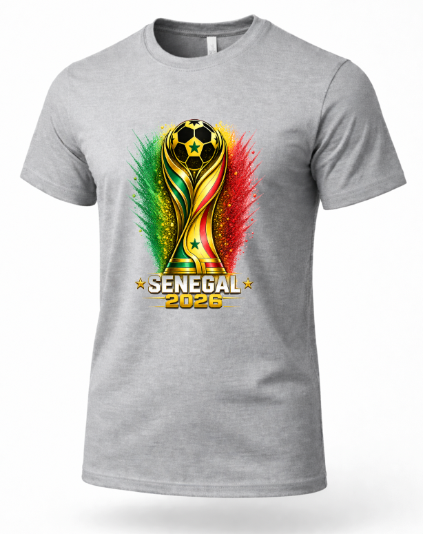 Gray t-shirt with a colorful World Cup trophy design and 'Senegal 2026' text on a white background