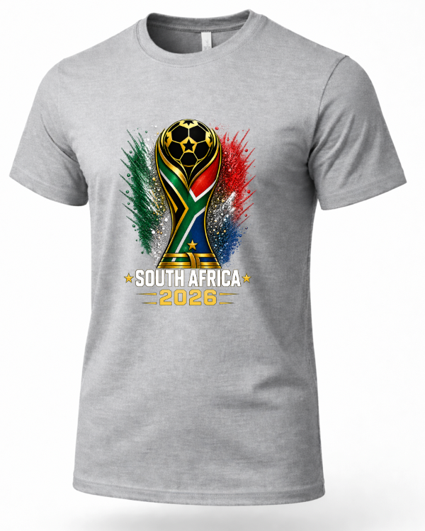 Gray t-shirt with South Africa 2026 World Cup design on a white background