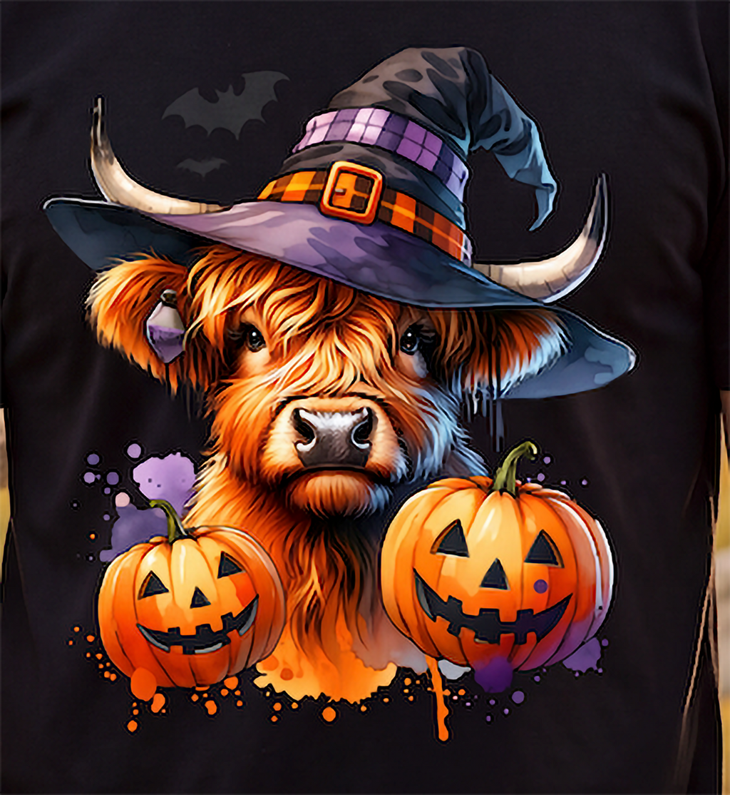 Close-up of Halloween Highland cow graphic on black shirt with witch hat, pumpkins and bats