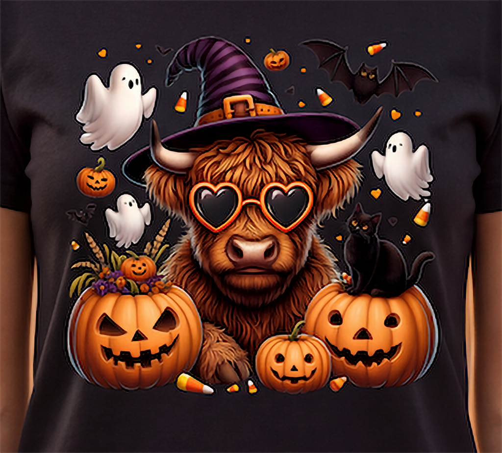 Close-up of Highland cow Halloween graphic with witch hat, pumpkins, ghosts, bats, candy corn and black cat