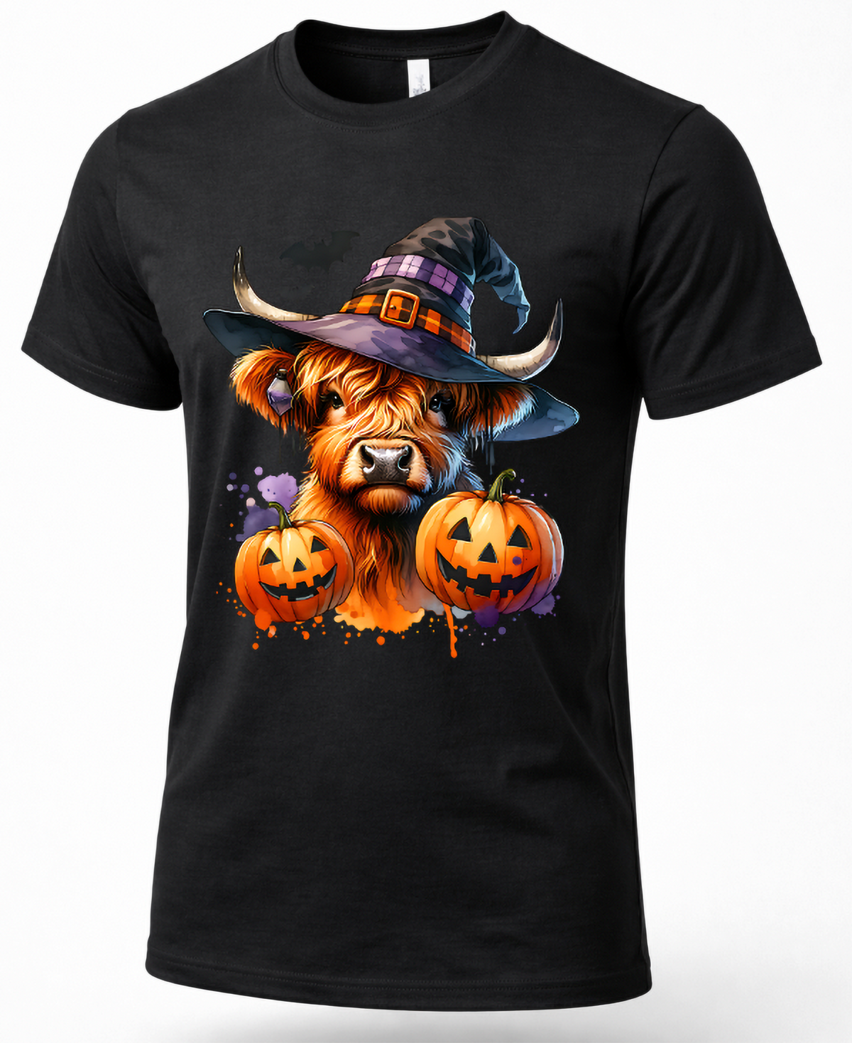 Black Highland cow Halloween graphic tee featuring witch hat, jack-o'-lanterns and bats