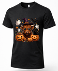 Black Highland cow Halloween shirt featuring witch hat, heart sunglasses, jack-o-lanterns, ghosts, bats and black cat