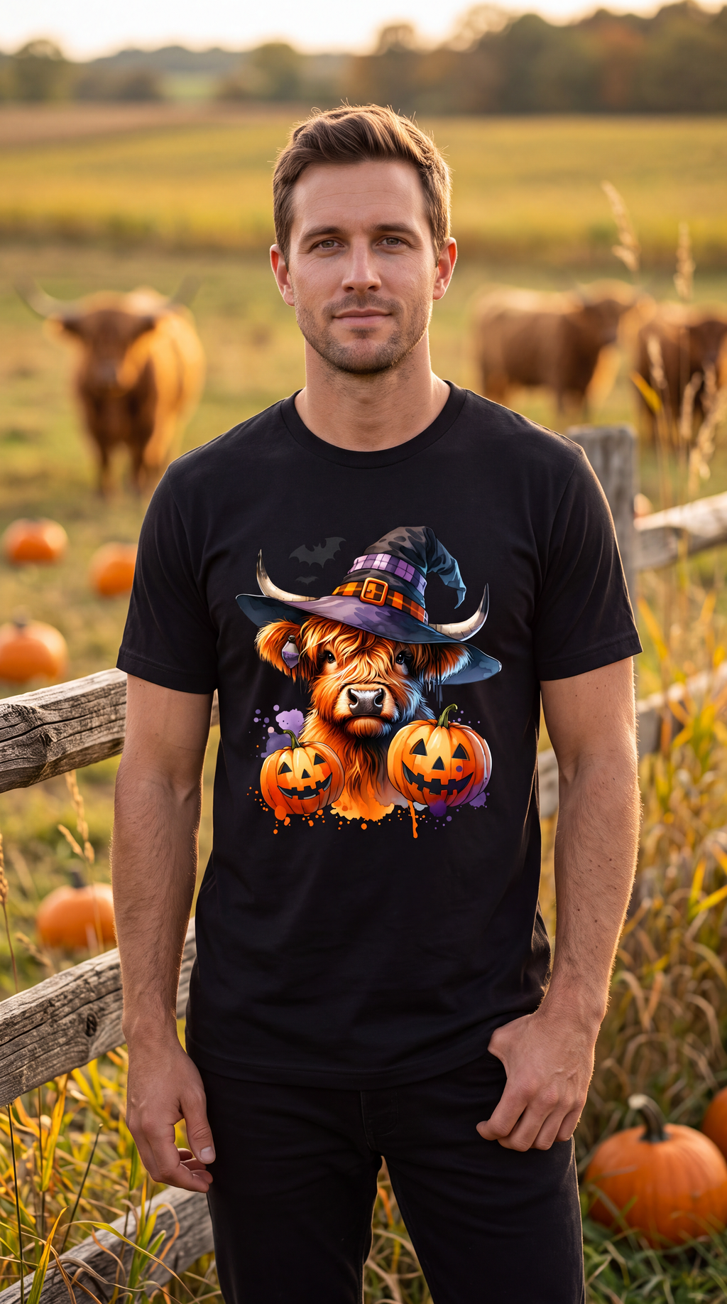 Male model wearing black Highland cow Halloween shirt with witch hat and pumpkin graphic