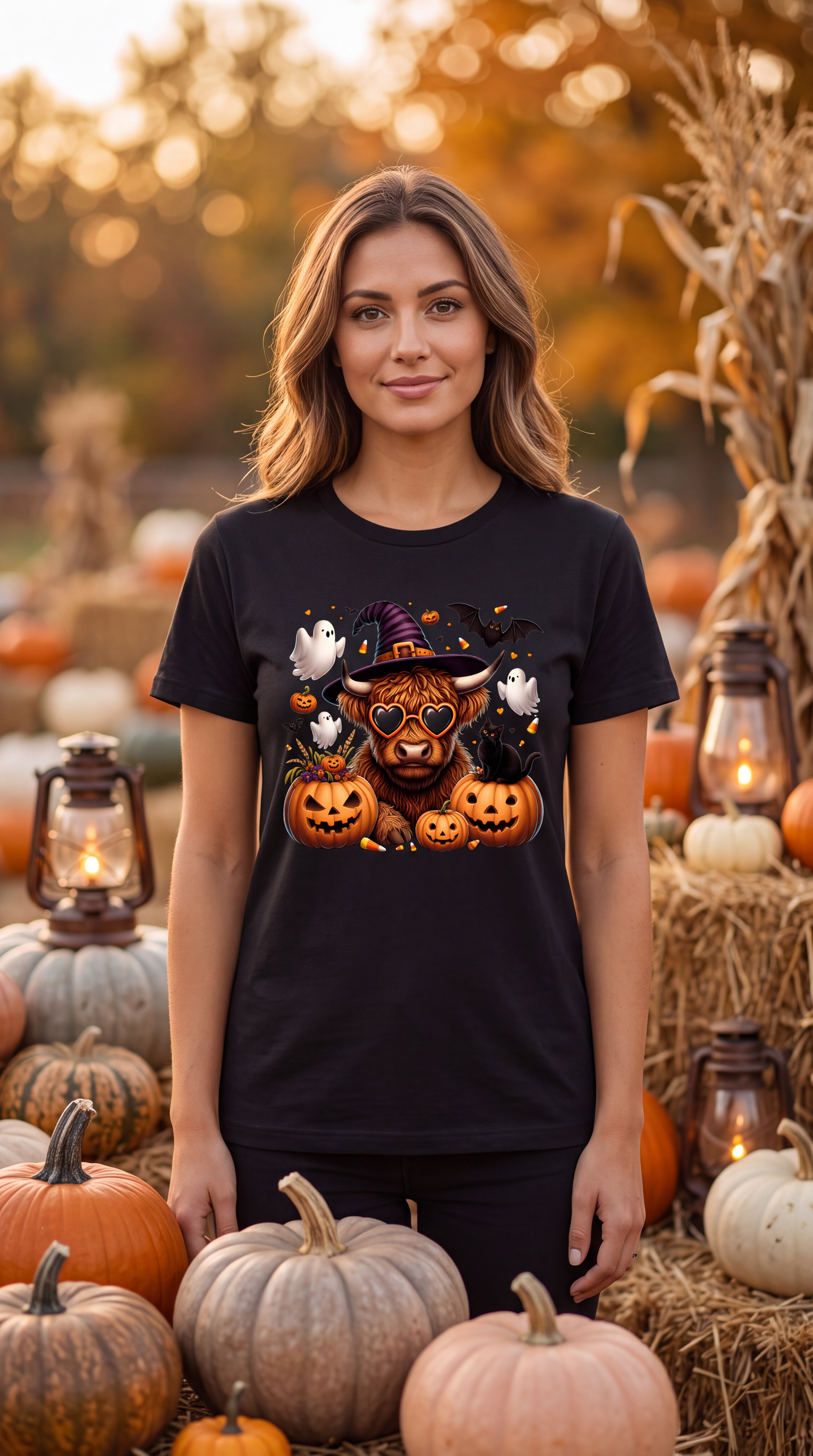 Female model wearing black Highland cow Halloween shirt with witch hat, pumpkins, ghosts, bats and black cat graphic