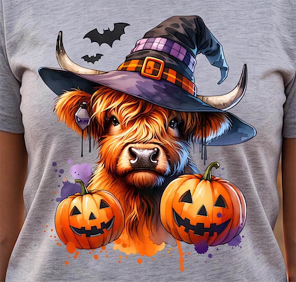 Close-up of Highland cow pumpkin Halloween graphic on white shirt with witch hat and bats