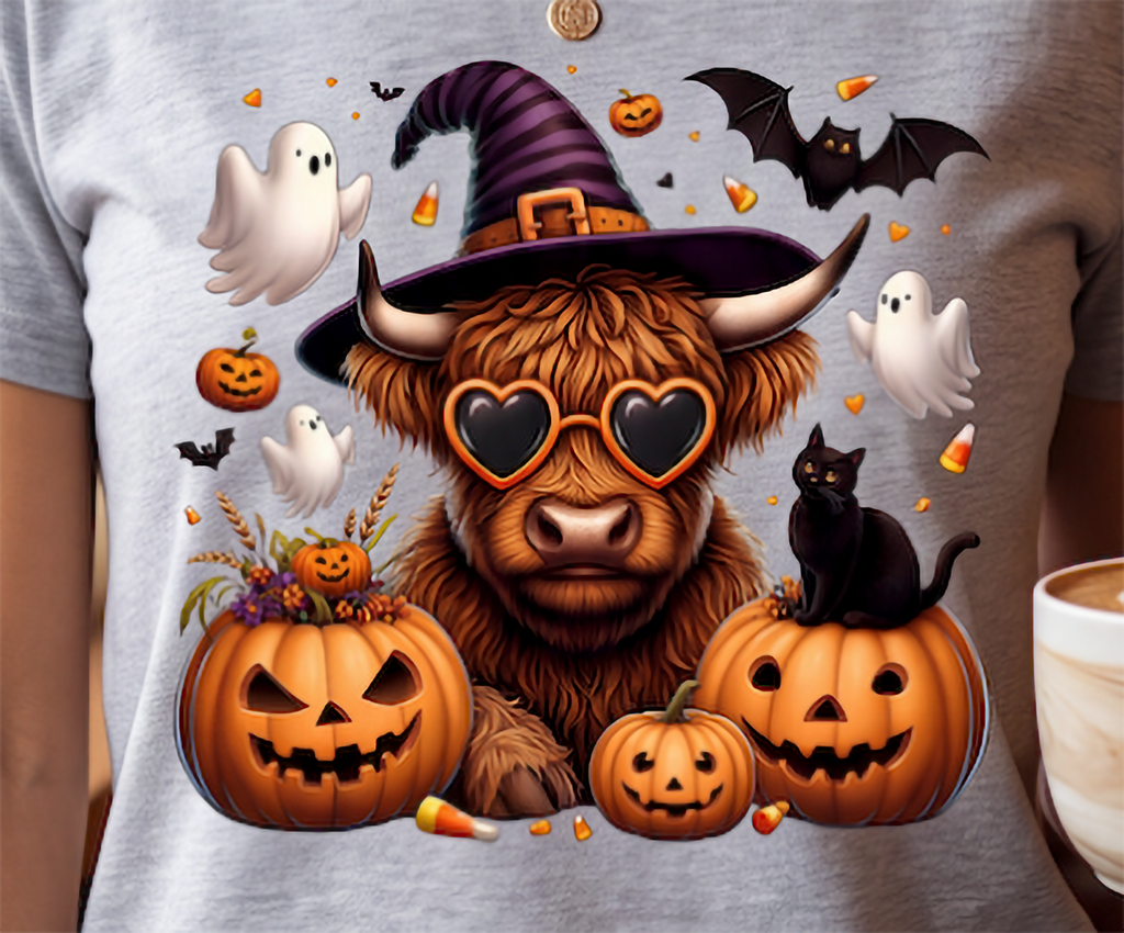 A close-up of a person wearing a light gray heather t-shirt with a large, colorful graphic print of a cute Highland cow dressed in a witch hat and heart-shaped sunglasses, surrounded by jack-o'-lanterns, ghosts, a black cat, and candy corn.