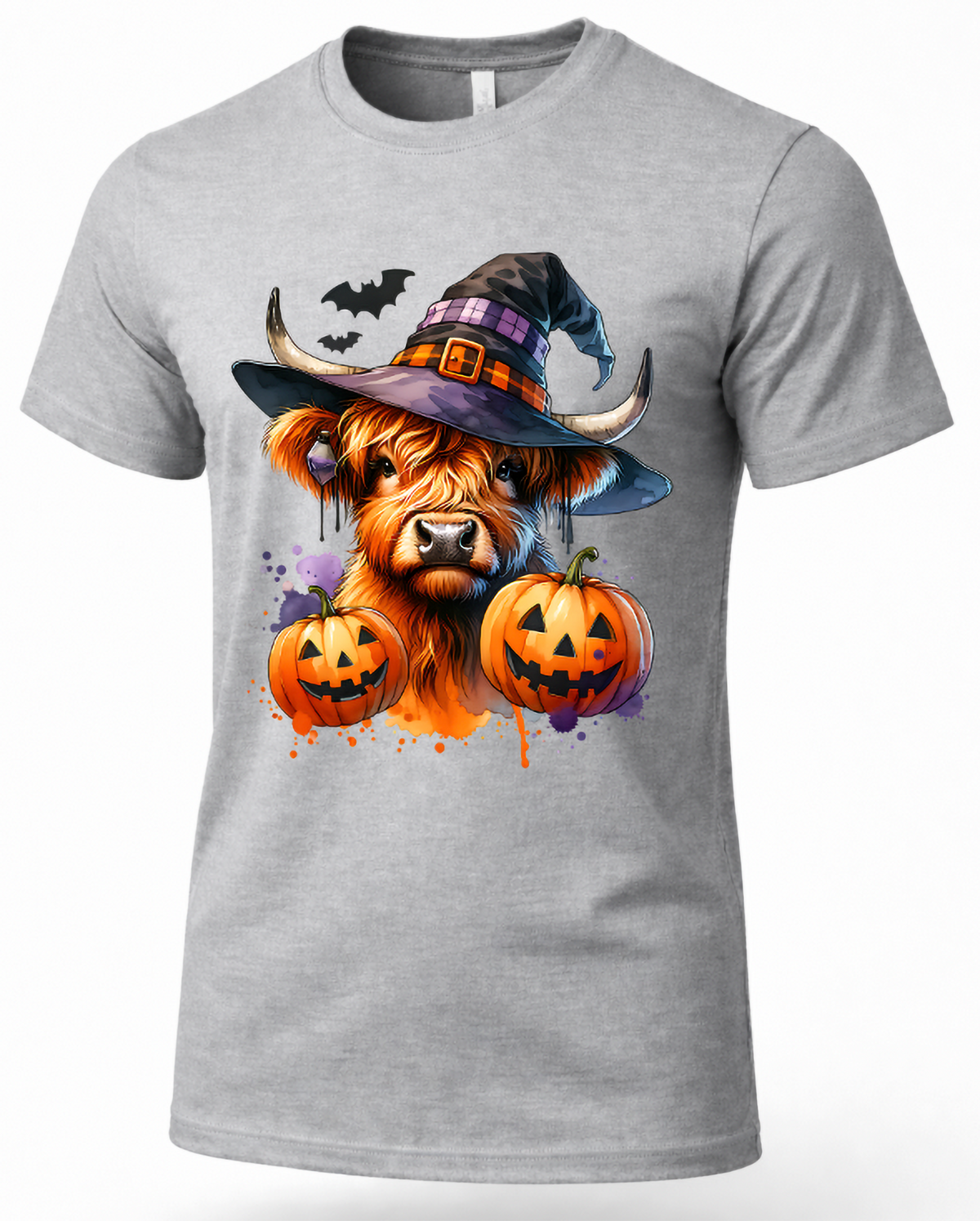 White witchy Highland cow graphic shirt with jack-o'-lantern pumpkins and flying bats